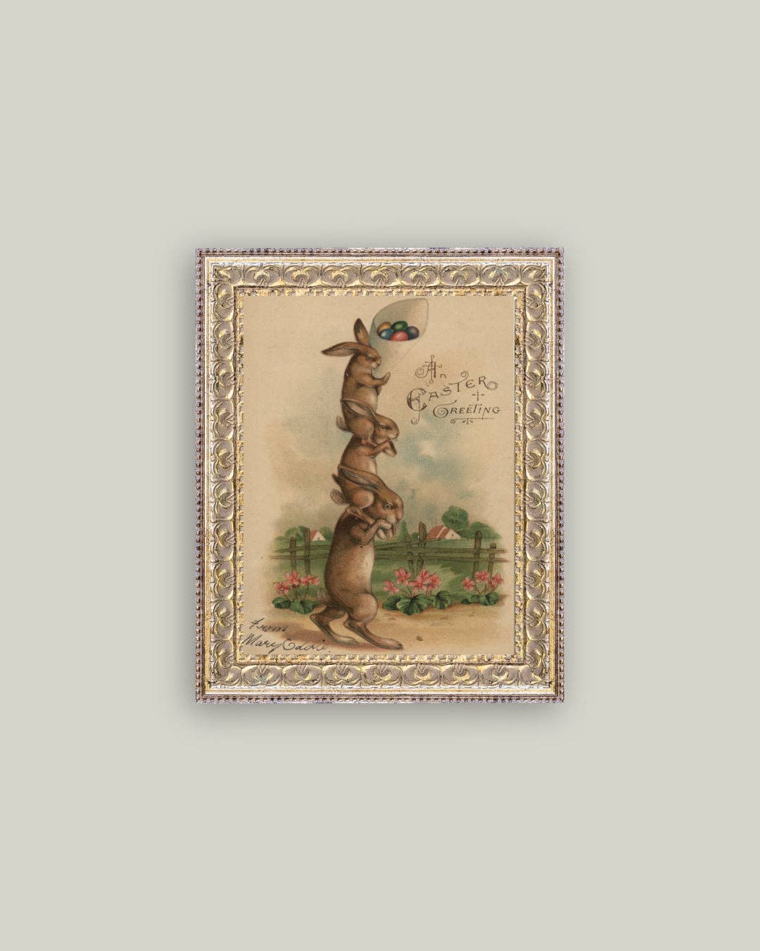 Stack of Three Bunnies Framed Antique Art