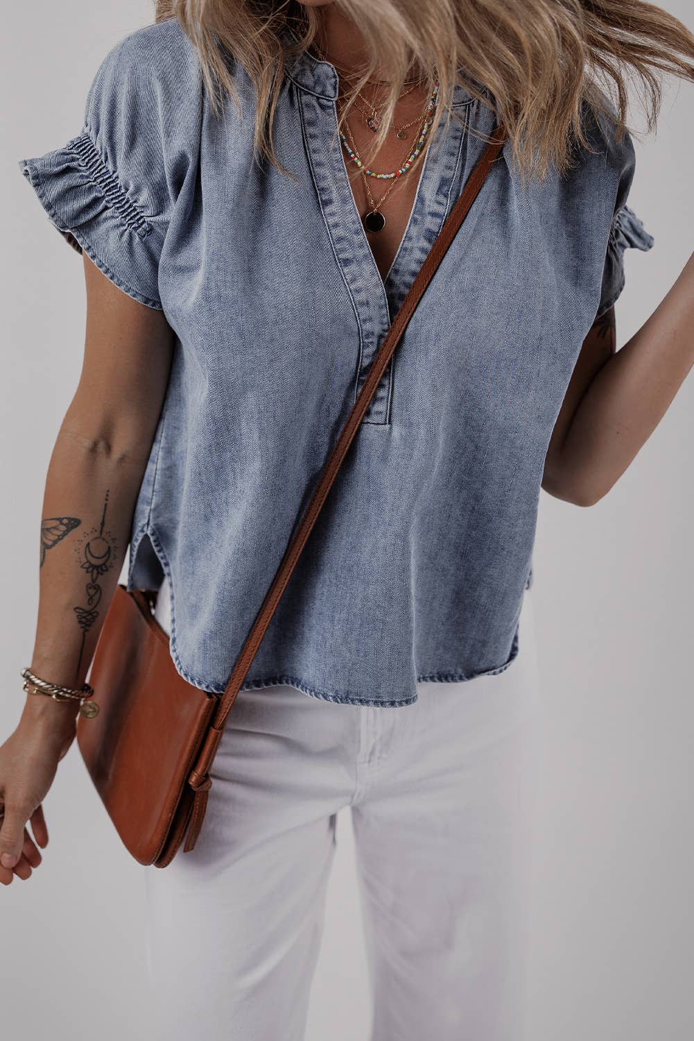 Ruffled Short Puff Sleeve Denim Top | S-XL