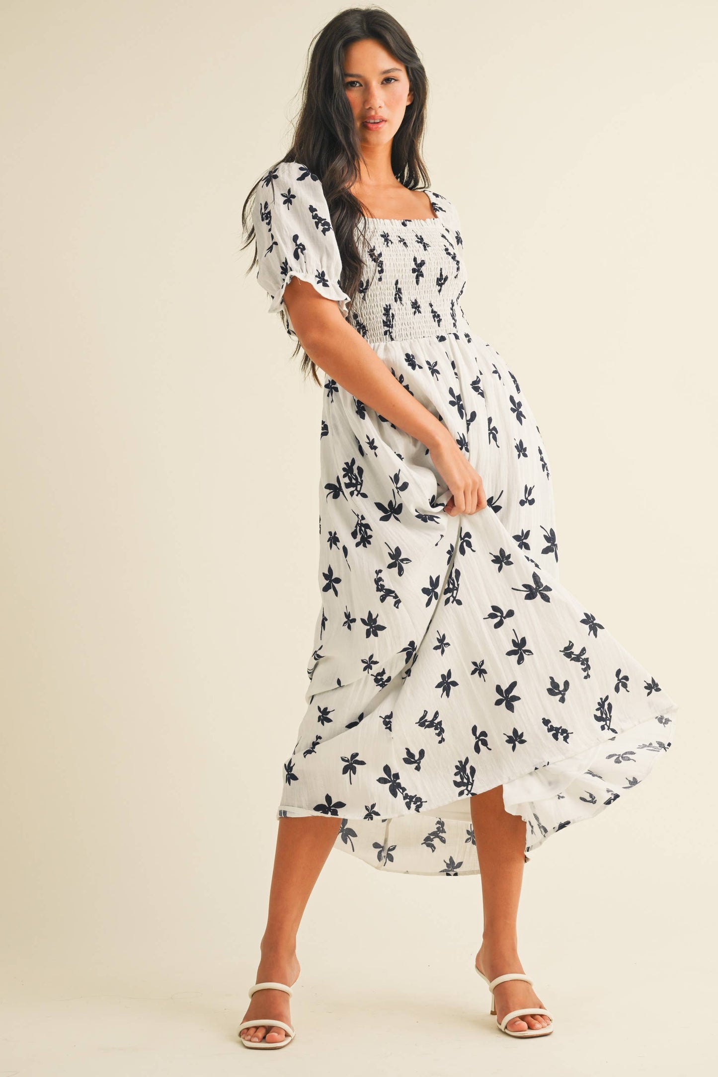 ID8847-A FLORAL MIDI PUFF SLEEVES DRESS