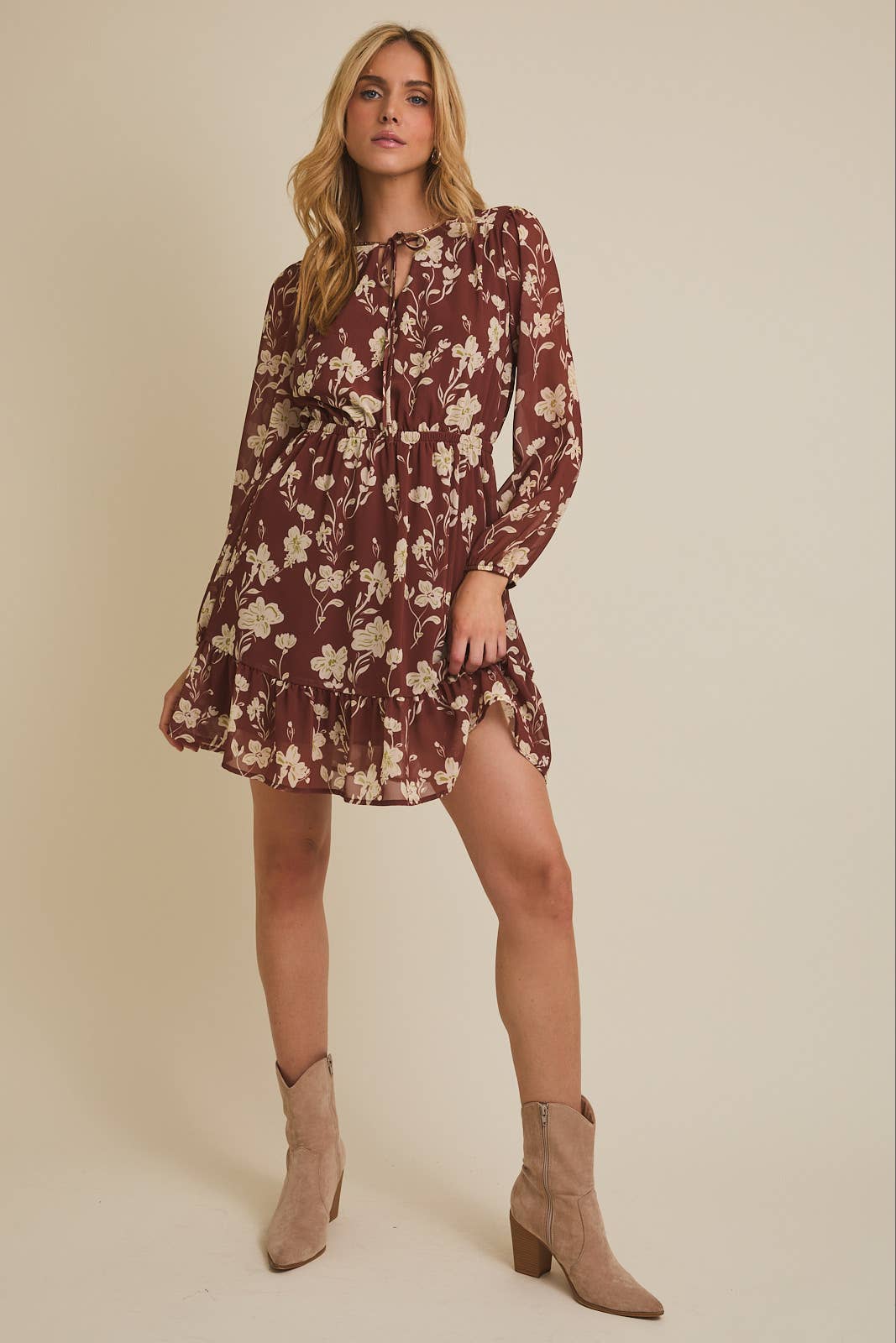 ROUND NECK FRONT TIE LONG SLEEVE FLARE HEM FLORAL DRESS