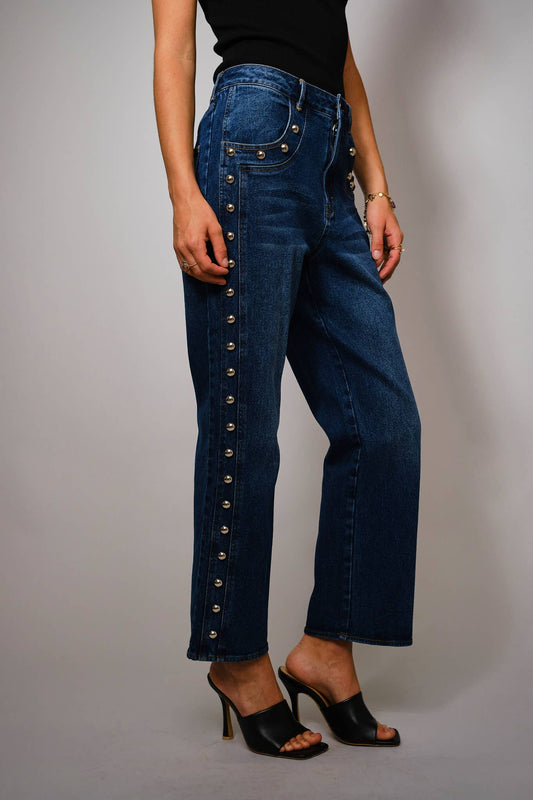Metal Studded High Rise Straight Fit Denim Jeans