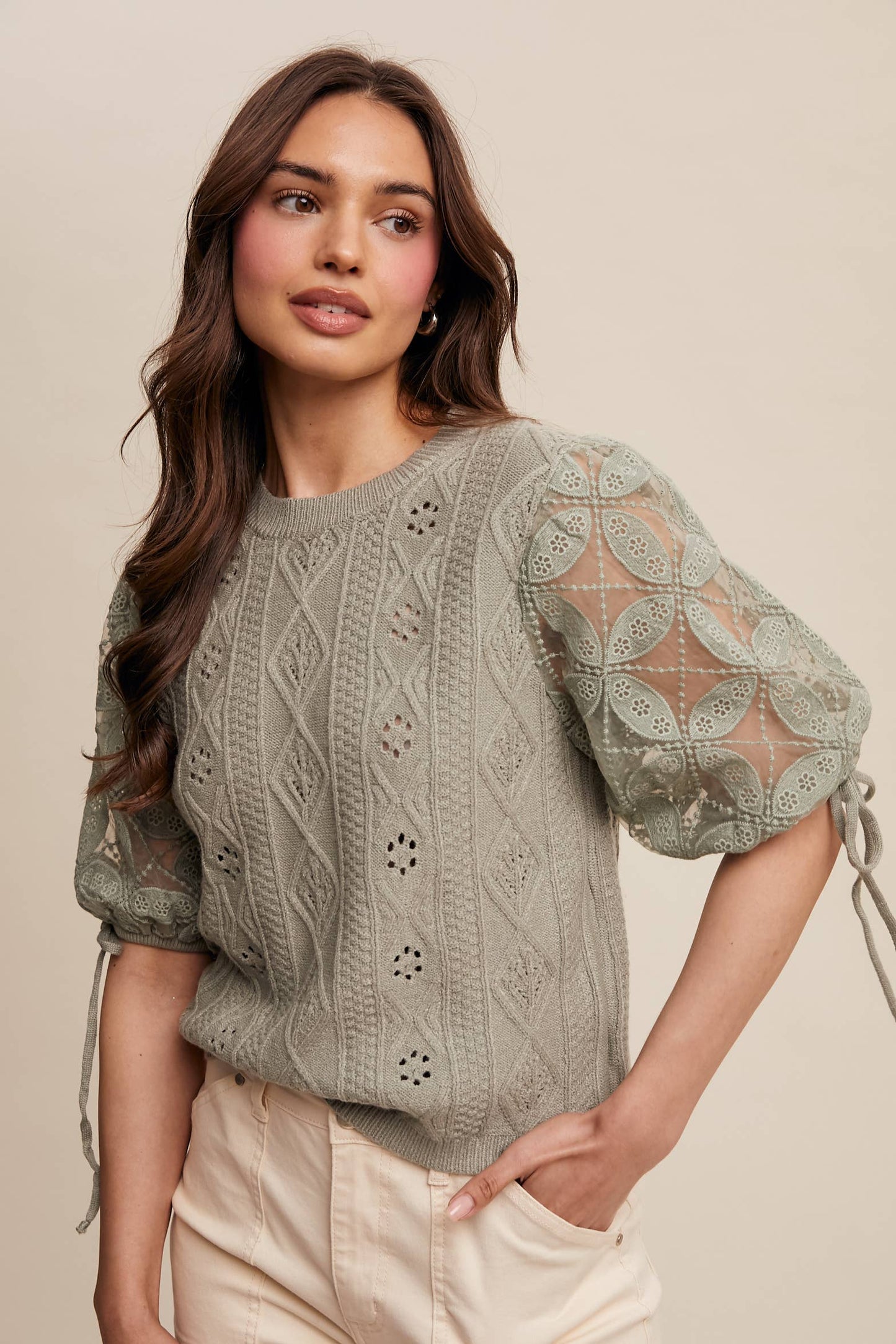Eyelet Puff Sleeve Knit Sweater Top