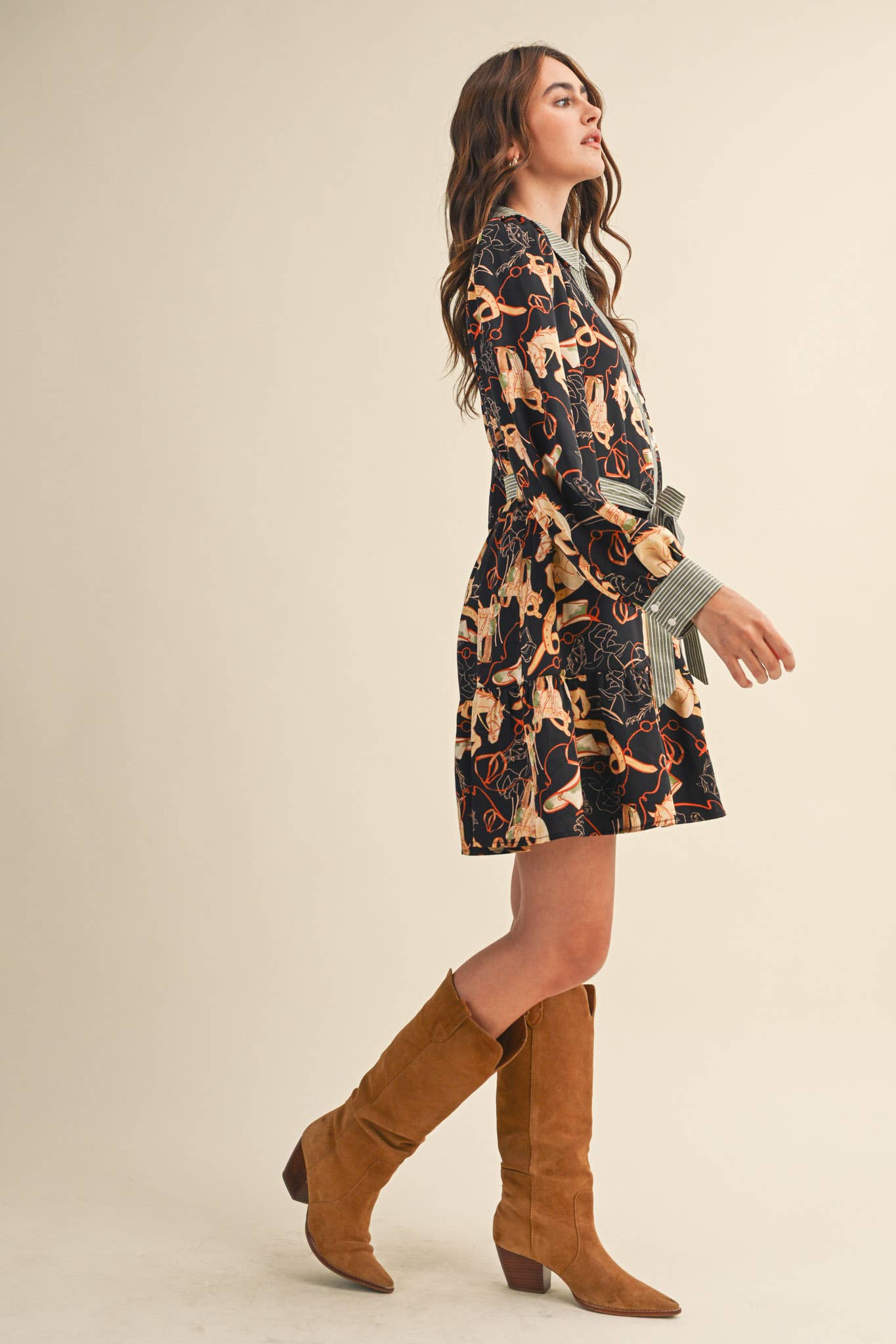 EXCLUSIVE MIXED PRINT BUTTON DOWN MINI DRESS