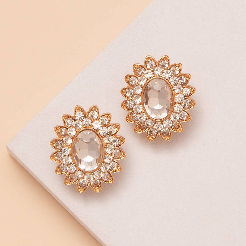 Oval Crystal Center Flower Clip On Earrings