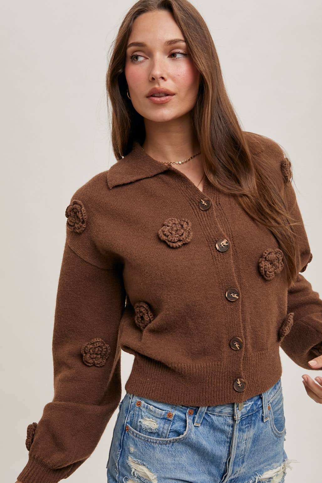 FLORAL EMBROIDERY BUTTON DOWN COLLAR KNIT CARDIGAN