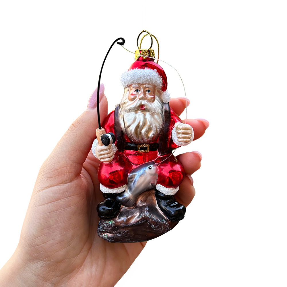 Relaxing Santa Claus Fishing Glass Ornament