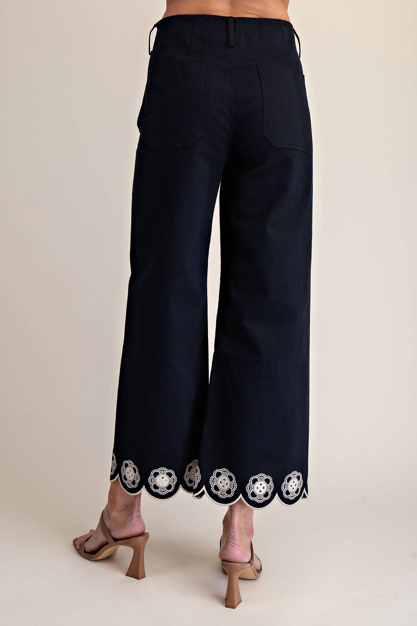Embroidered Scallop Hem Wide Leg Pants - Navy