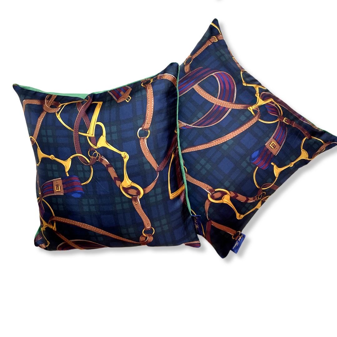 Equestrian Black Watch Tartan Vintage Silk Scarf Pillows 18"