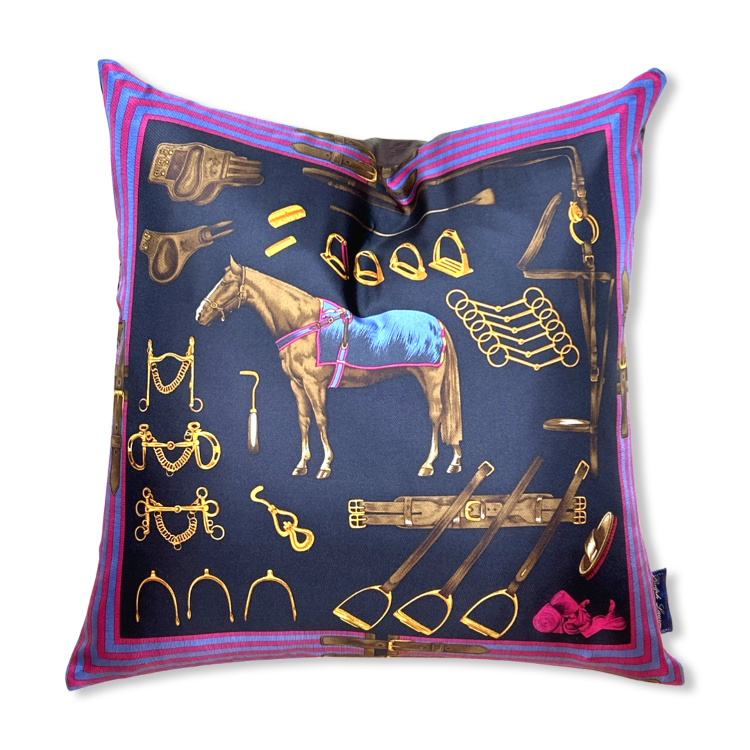 Equestrian Navy Vintage Silk Scarf Pillows 22"