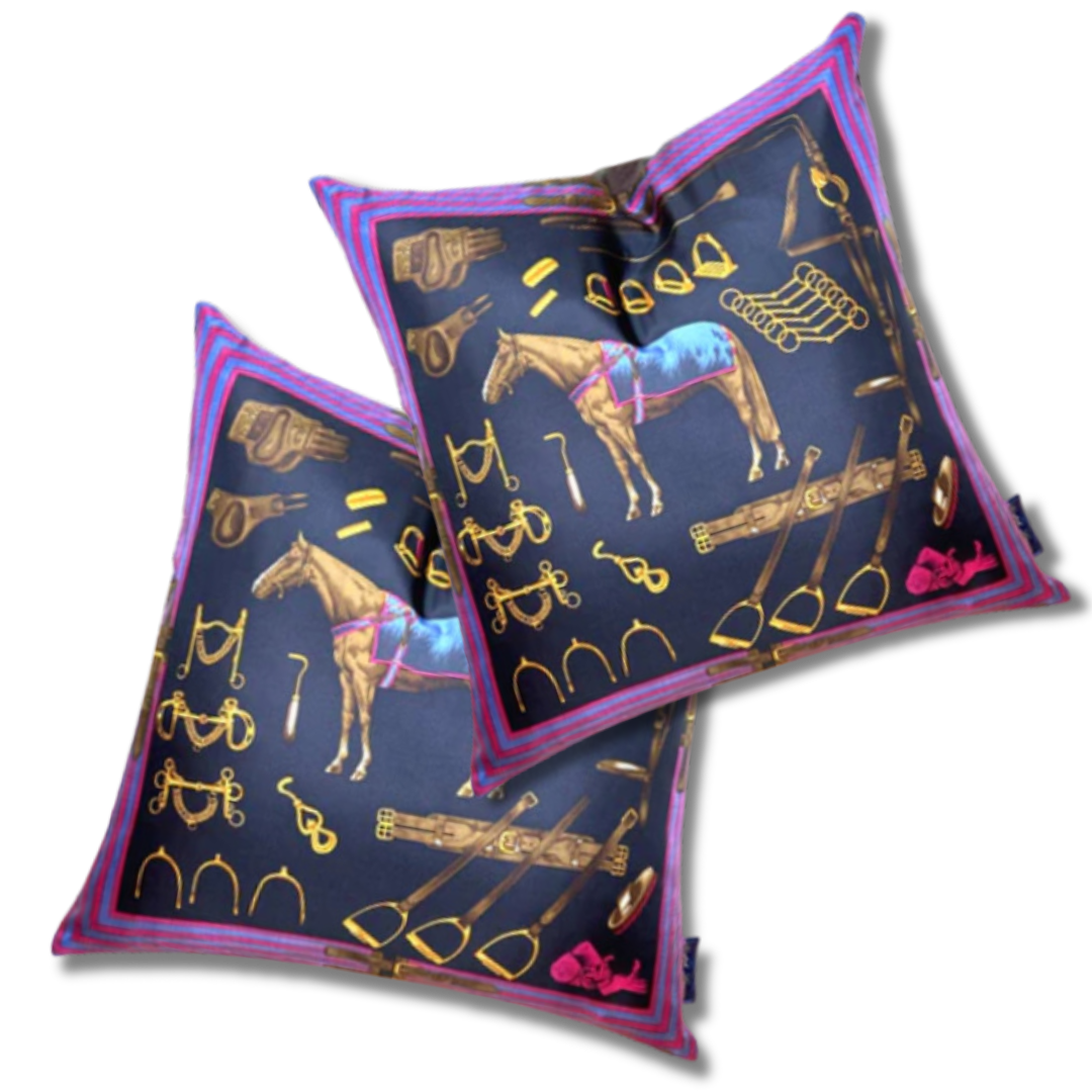 Equestrian Navy Vintage Silk Scarf Pillows 22"