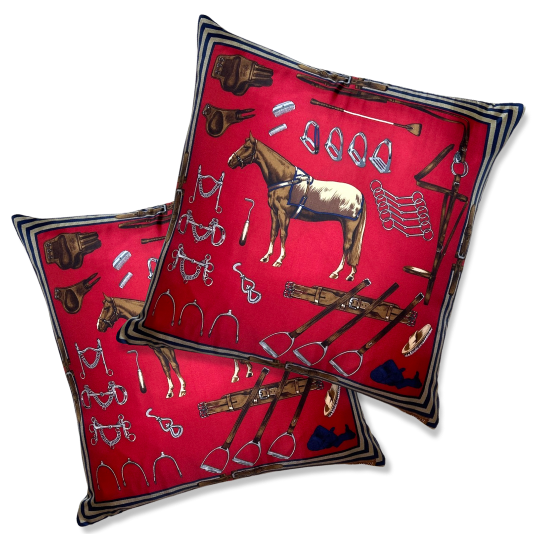 Equestrian Red Vintage Silk Scarf Pillows 22"