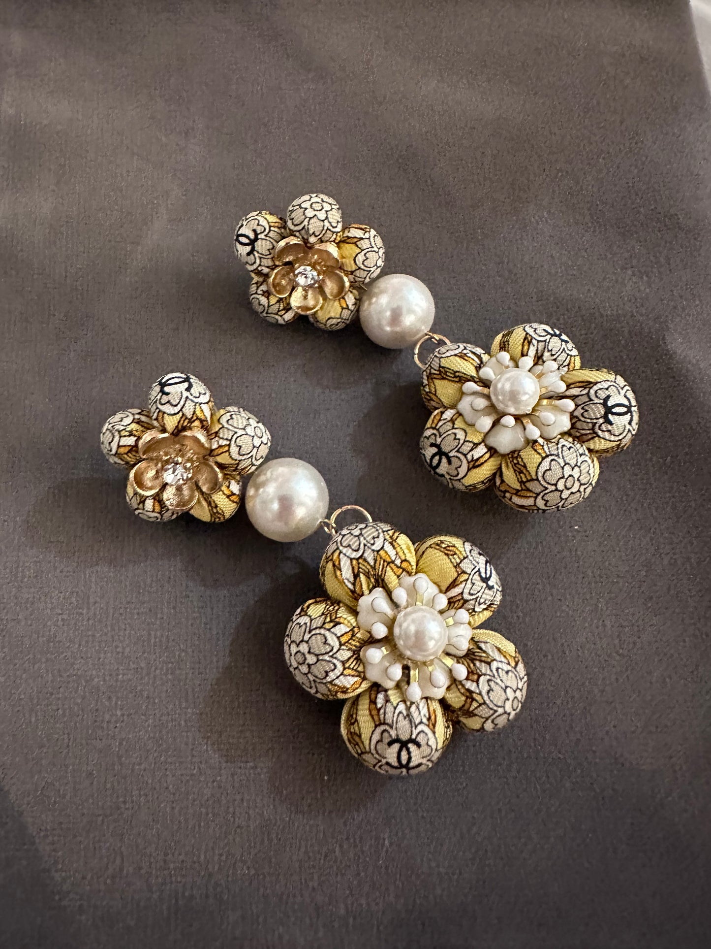 Vintage Chanel CC Camellia Silk Necktie Chandelier Earrings