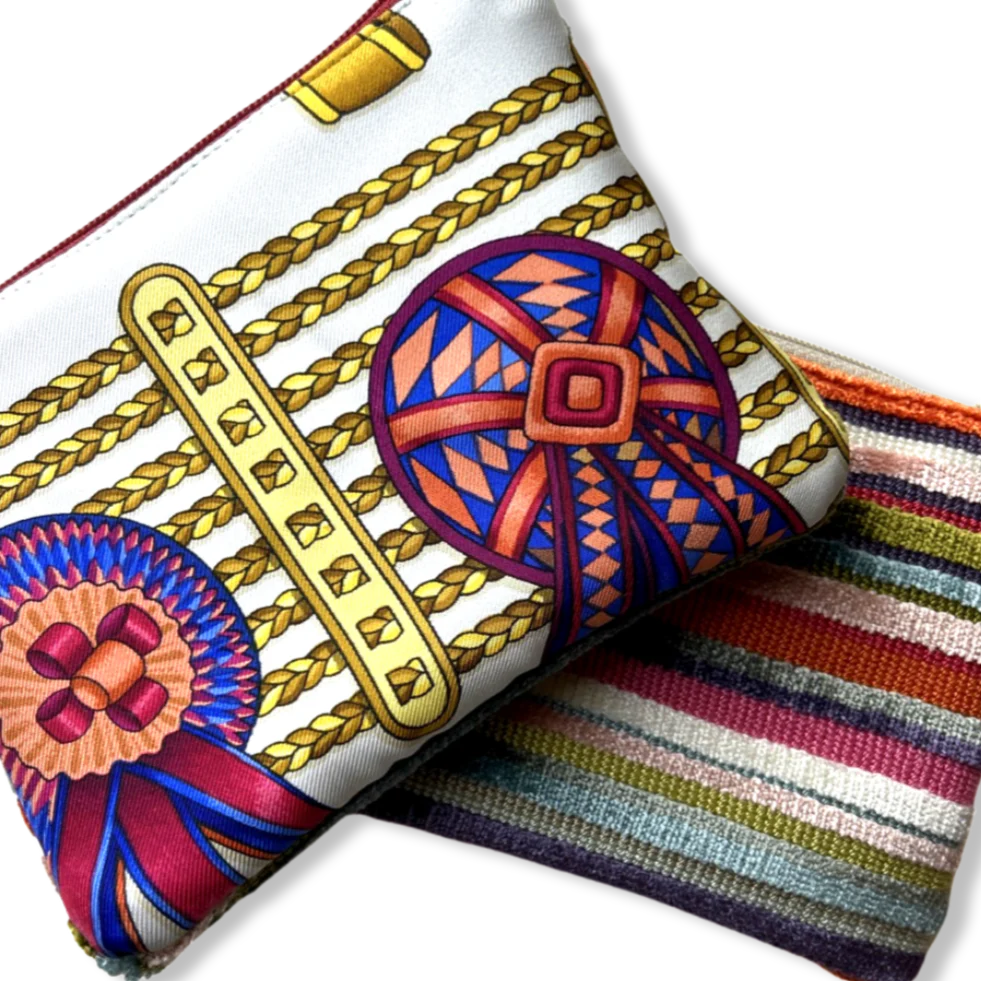 Vintage Hermes Rubans du Cheval Beige Silk Scarf Coffee Run Keychain Bag