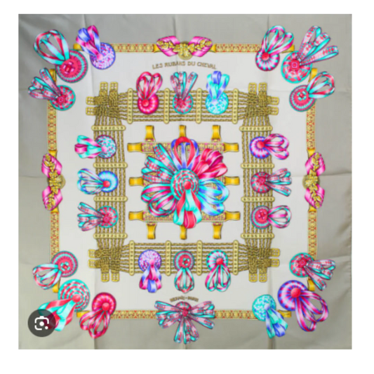 Vintage Hermes Rubans du Cheval Beige Silk Scarf Coffee Run Keychain Bag