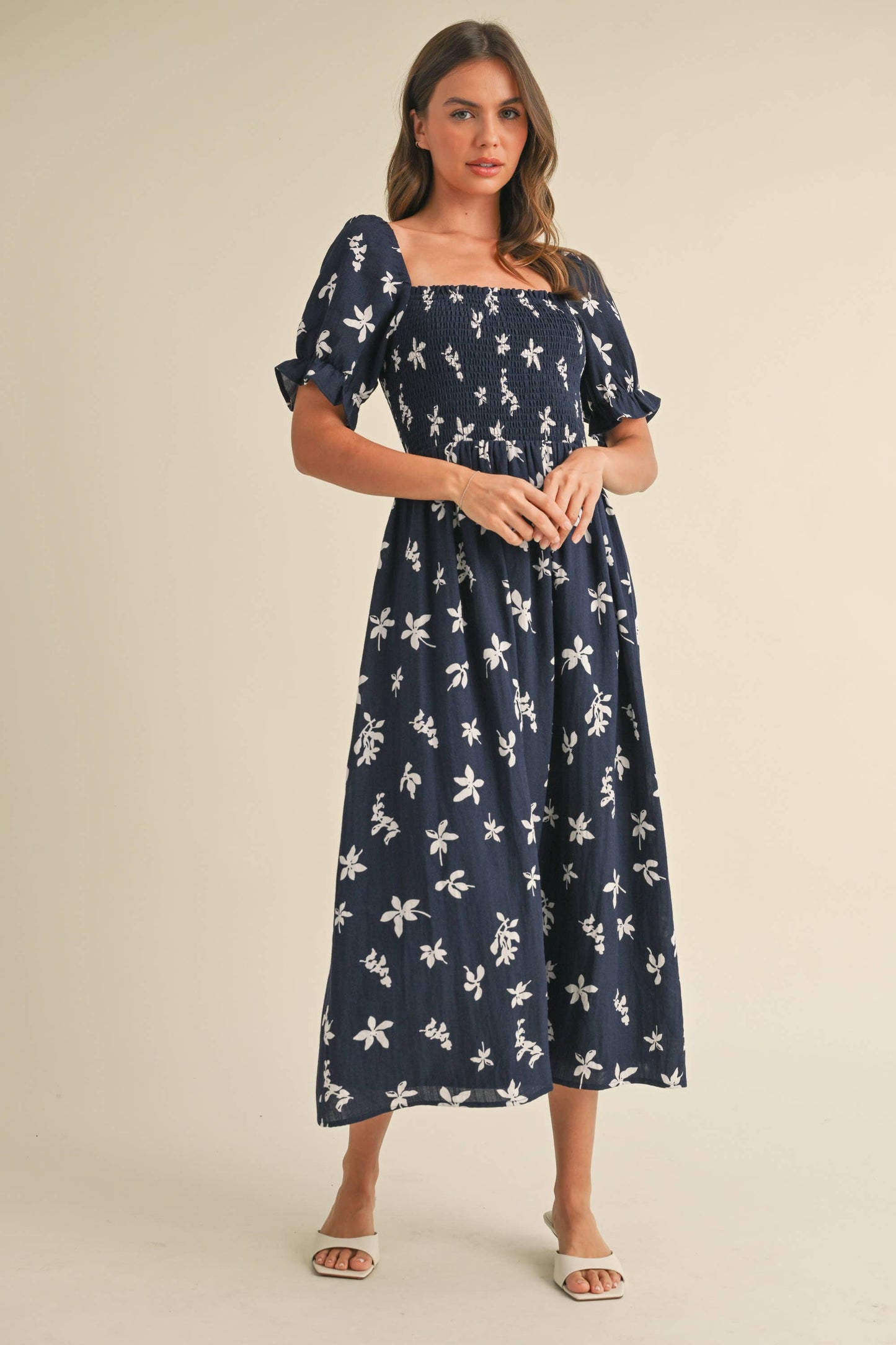 ID8847-A FLORAL MIDI PUFF SLEEVES DRESS