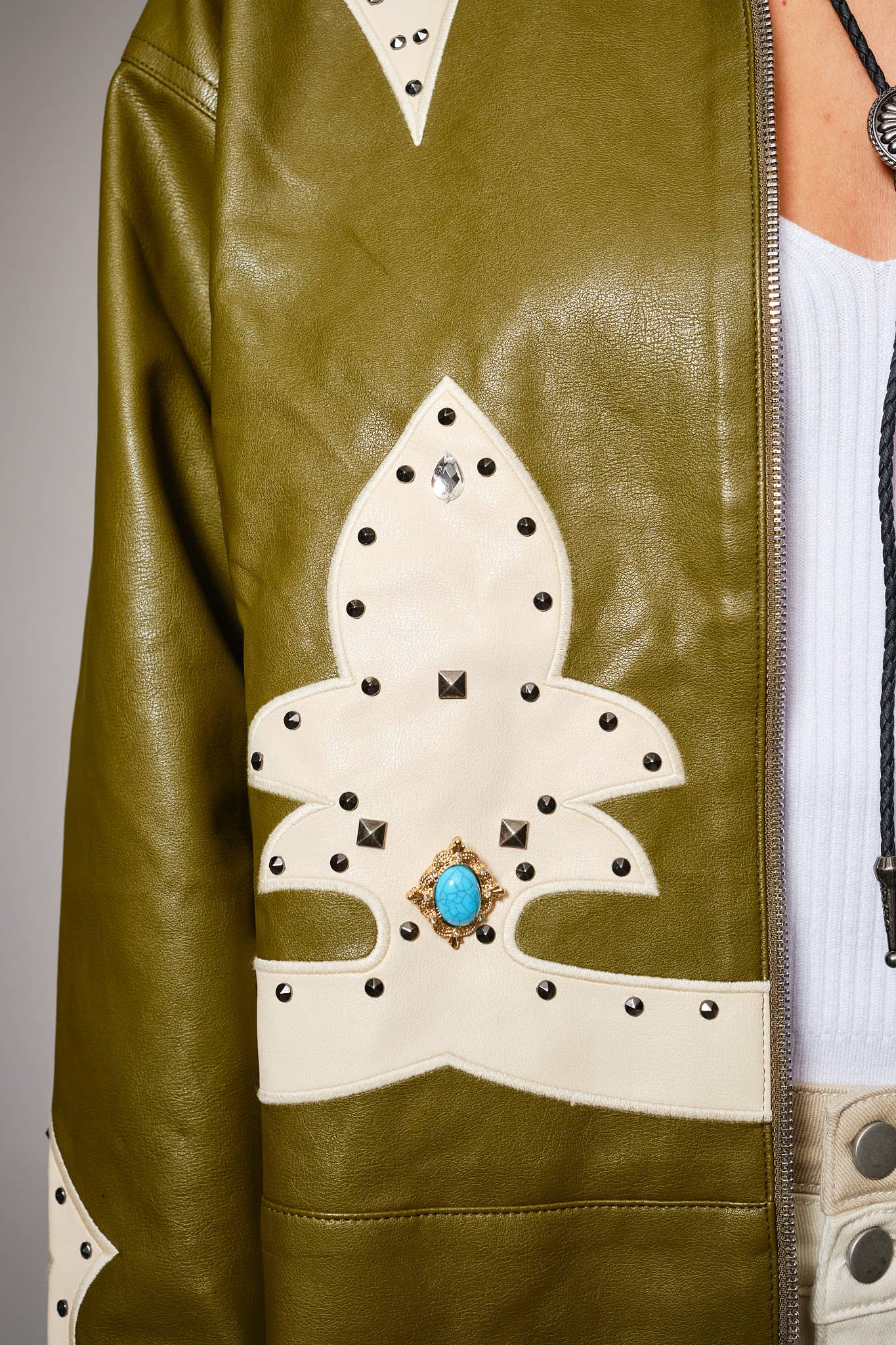 23526J - Faux Leather Studded Oversized Zip-Up Jacket