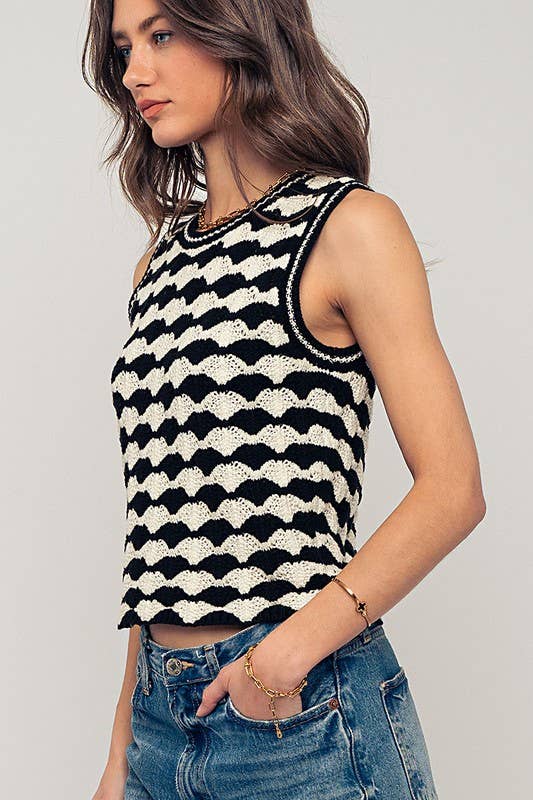 Scallop Crochet Contrast Trim Crewneck Tank Top