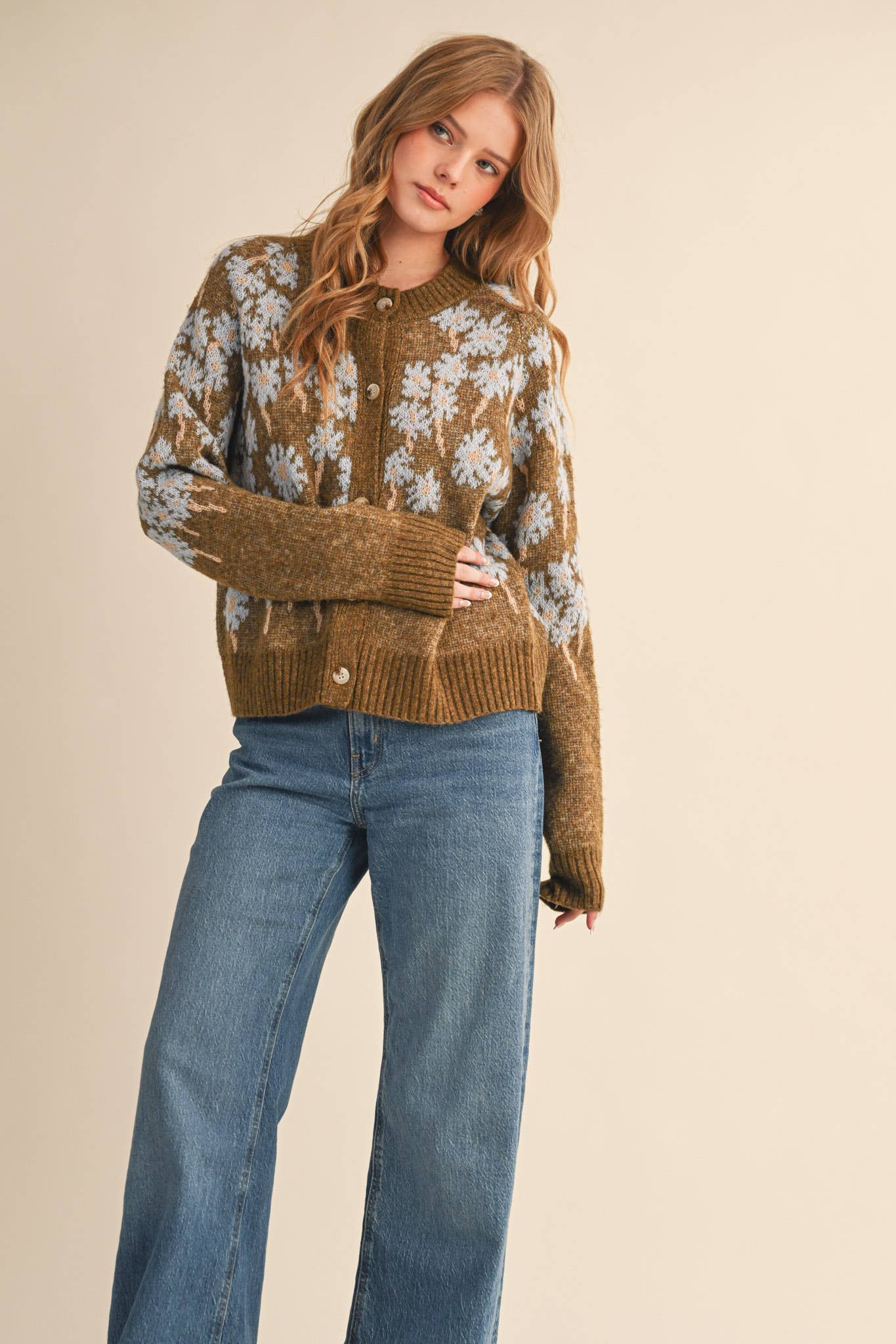 FLORAL KNIT BUTTON DOWN SWEATER CARDIGAN MSW11238