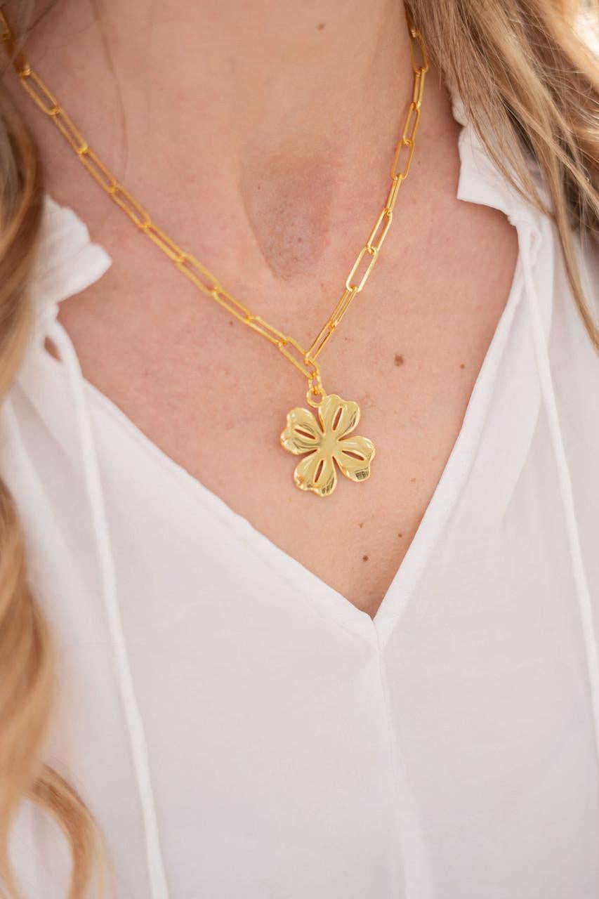 Gold Shamrock Charm Necklace with Paper Clip Chain - 18k Gold Plated