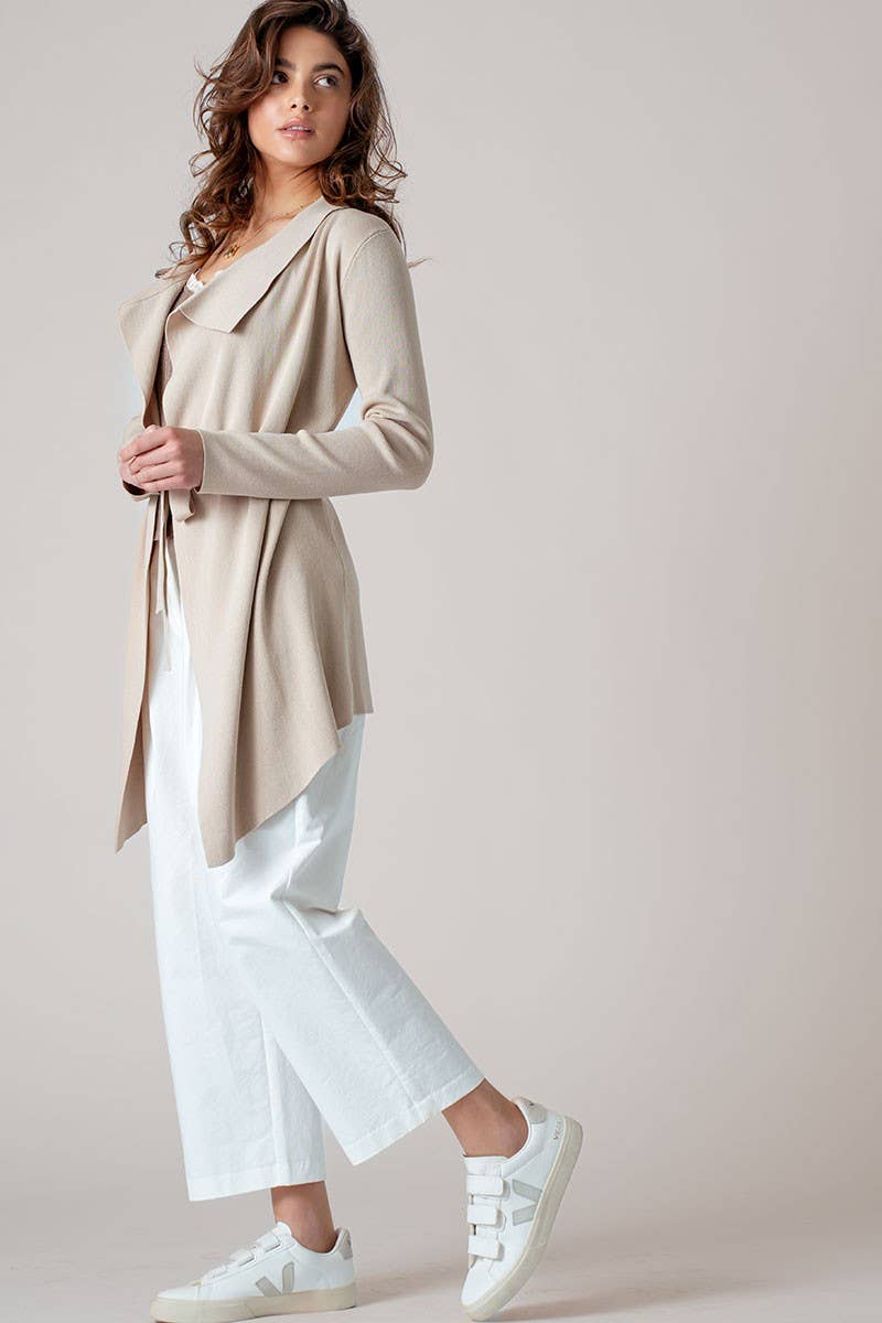 Draped Front Long Sleeve Waist Tie Cardigan