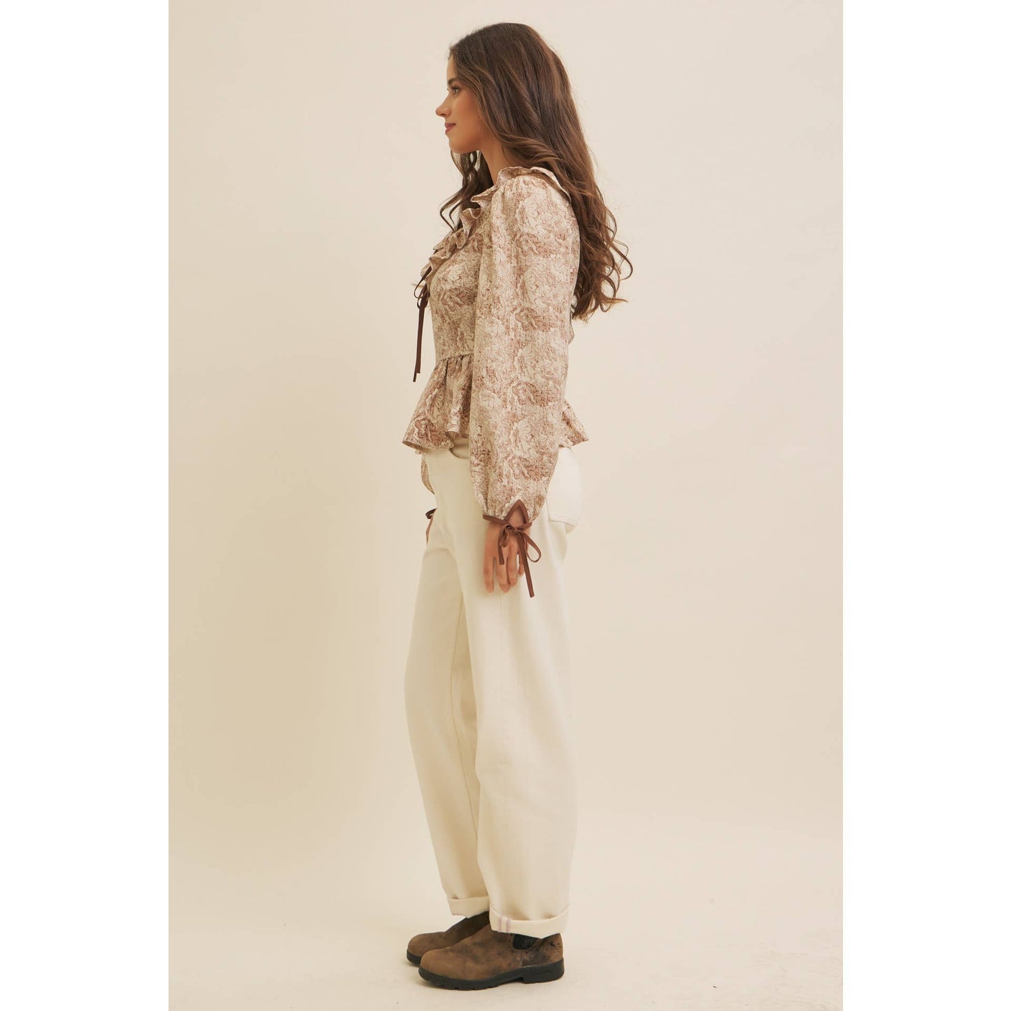 TOILE PRINTED BABYDOLL BLOUSE WITH BALLOON SLEEVES