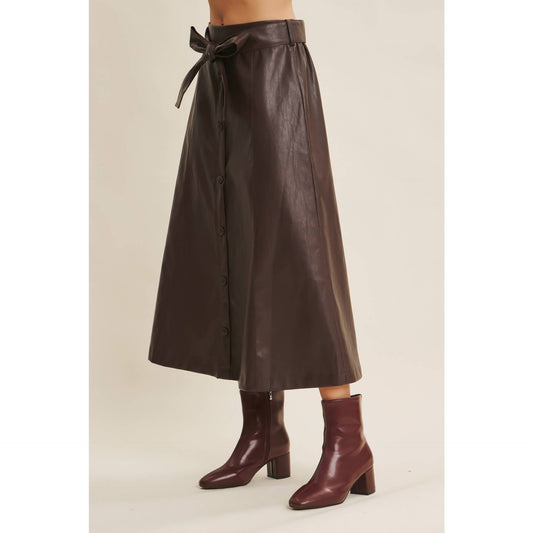 SOPHISTICATED VEGAN FAUX LEATHER BELTED MIDI SKIRT