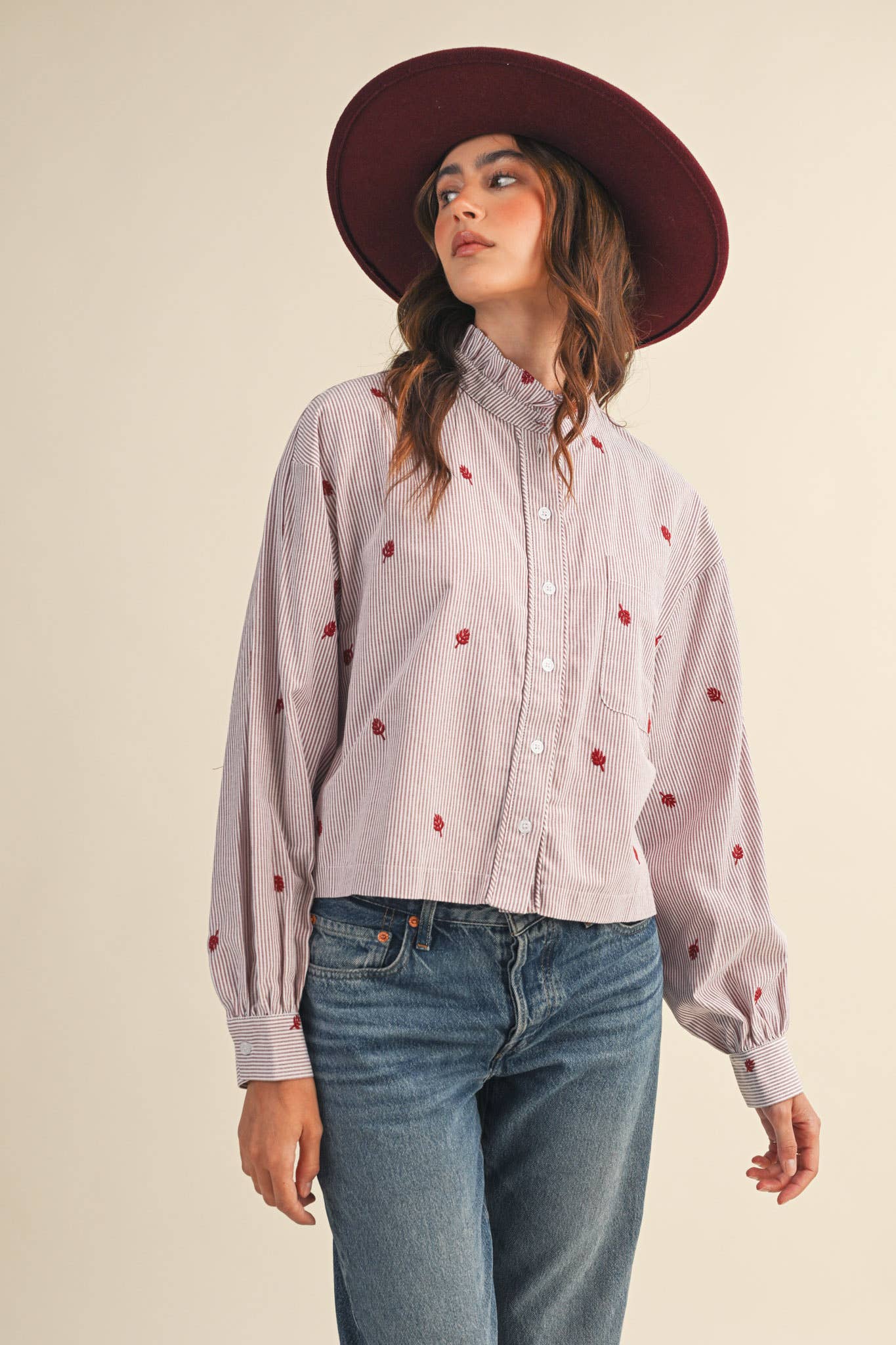 EMBROIDERED MOCK NECK STRIPED BUTTON UP TOP