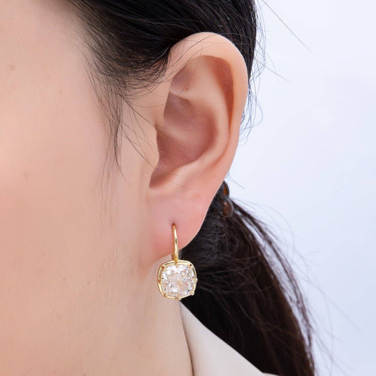 Clear CZ Prong Rounded Square Drop Hoop