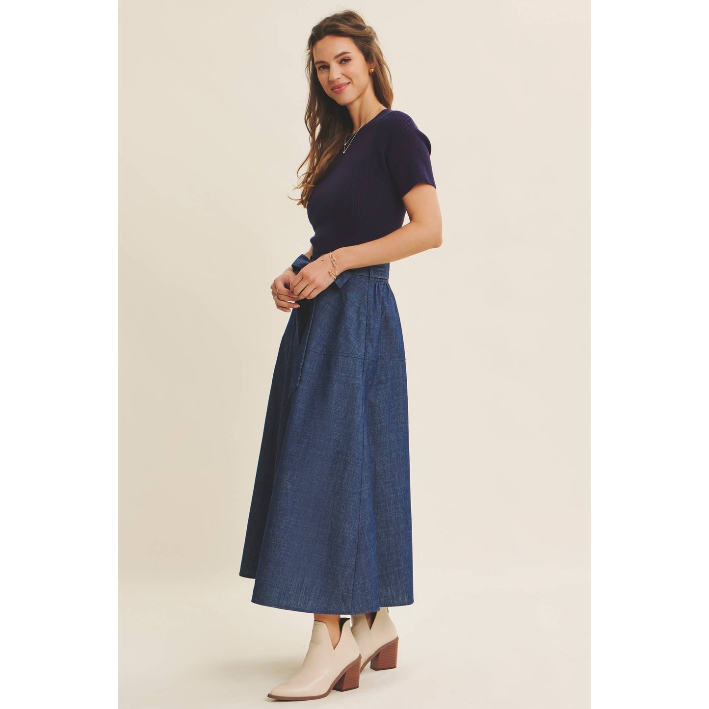EFFORTLESS MIX OF COZY AND POLISHED TWOFER DENIM DRESS