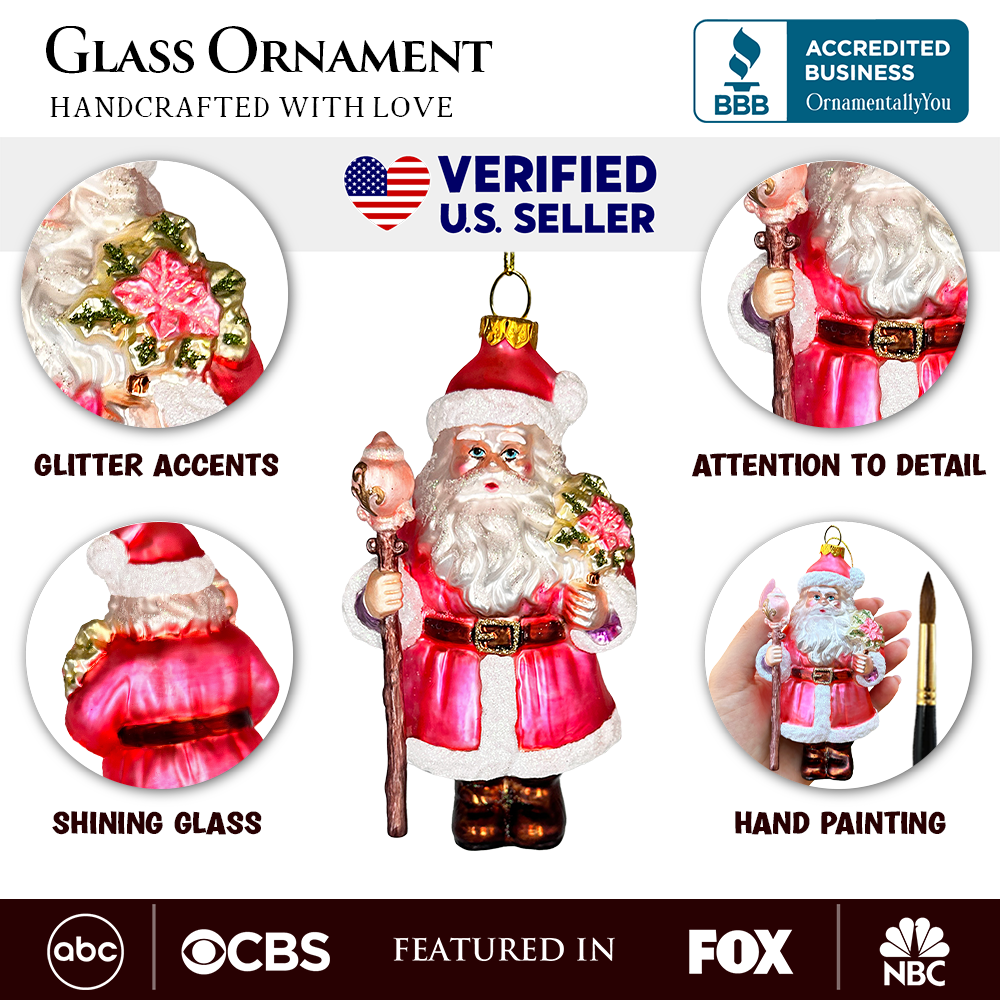 Pink Santa with Sceptor and Flowers Glass Christmas Ornament