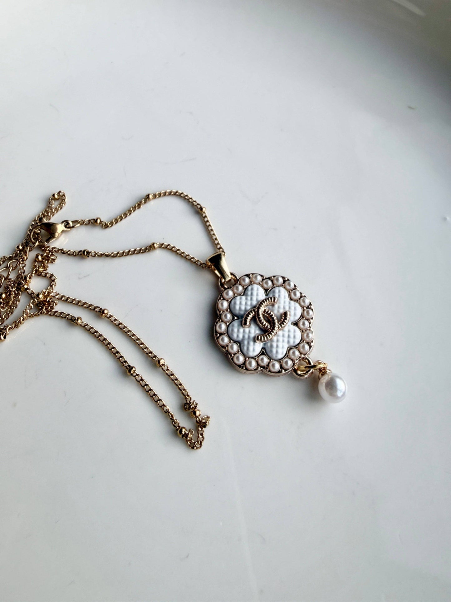 Upcycled Chanel White Pearl Pendant Necklace