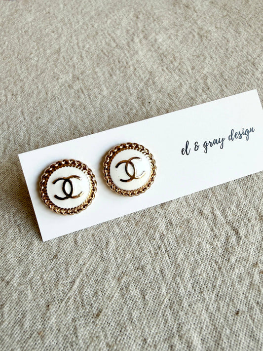 Upcycled CC White & Gold Circles Pendant Earrings