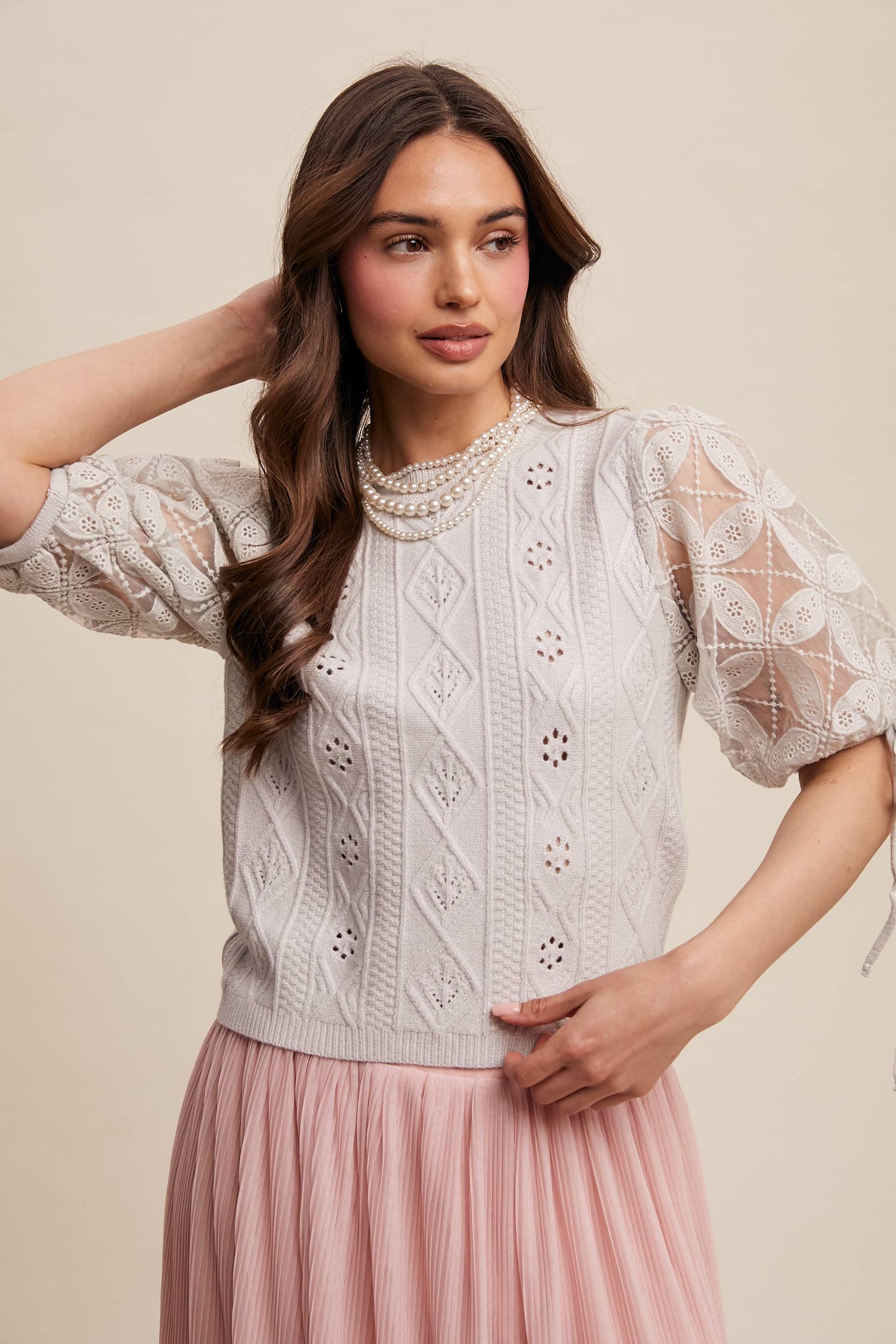 Eyelet Puff Sleeve Knit Sweater Top