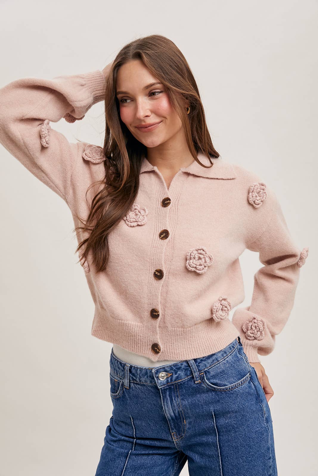 FLORAL EMBROIDERY BUTTON DOWN COLLAR KNIT CARDIGAN