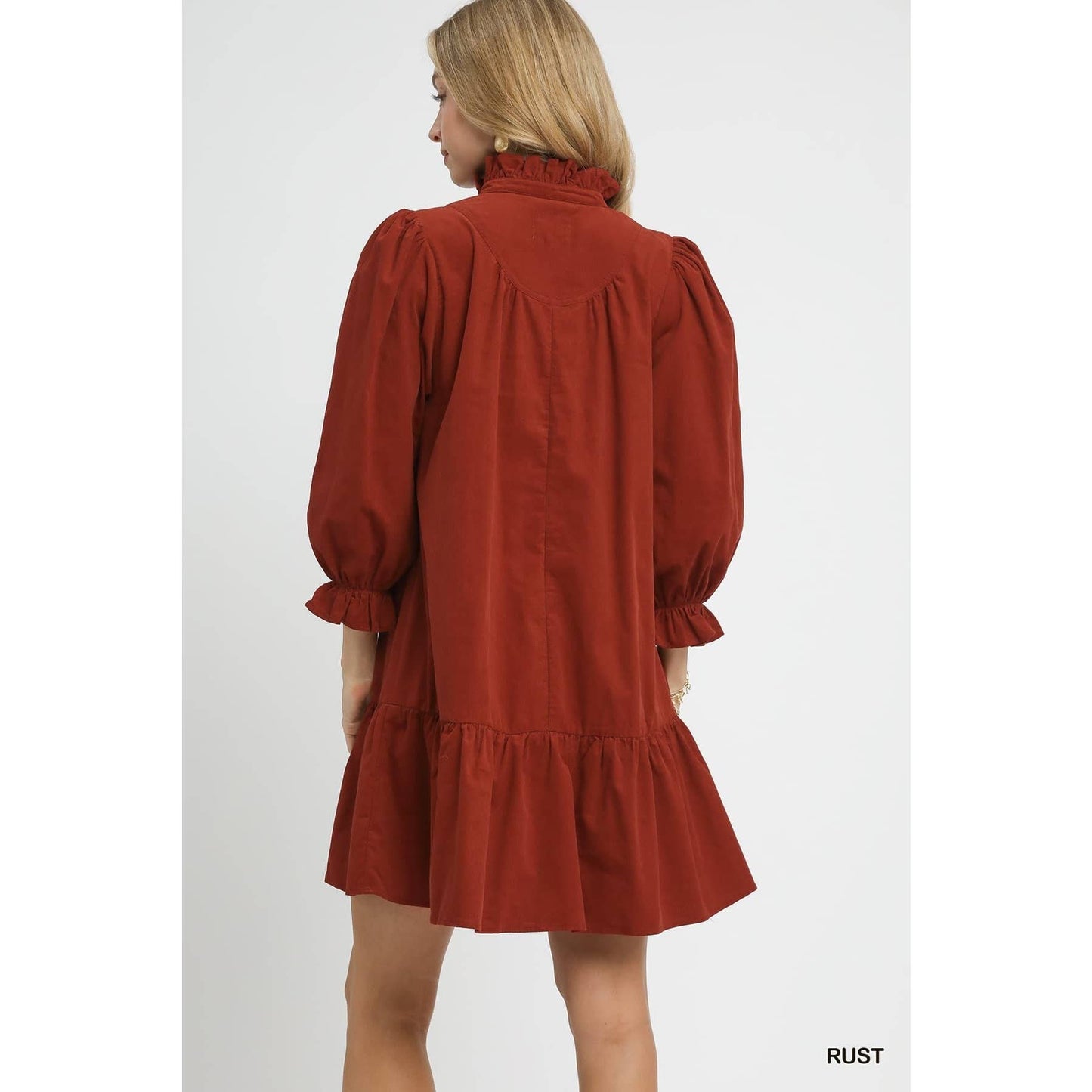 Corduroy Ruffle Mock Neck Puff Sleeve Tiered Dress