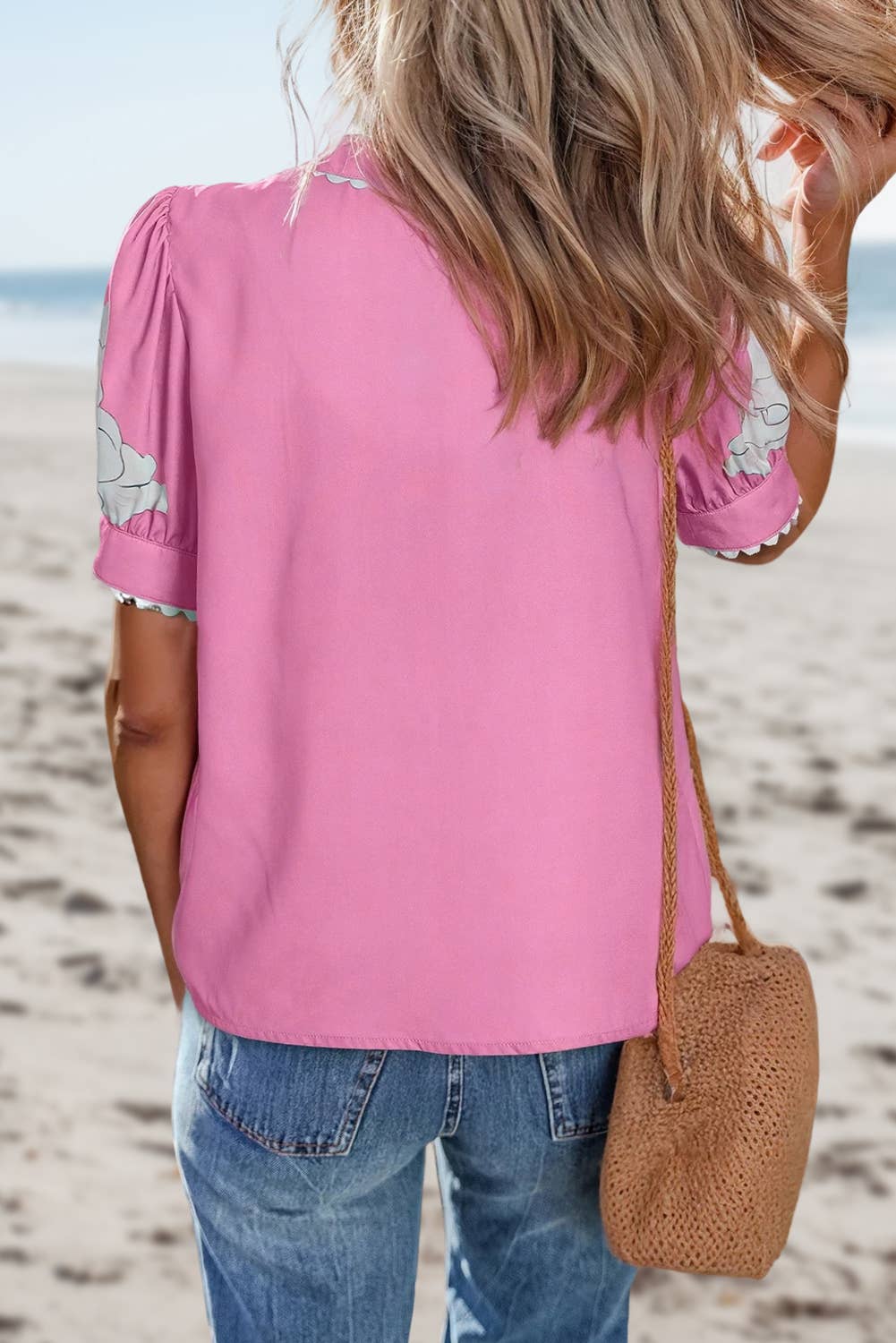 Floral Ric Rac Edge Puff Sleeve Button Up Top | S-XL