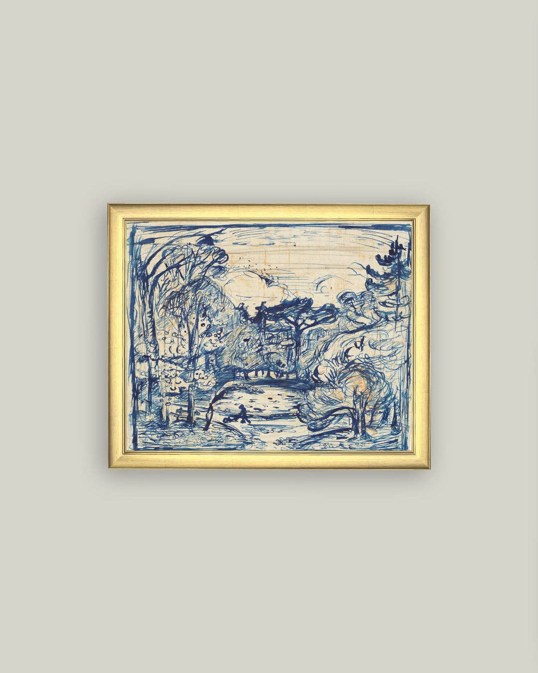 Forest with Woodcutter Framed Antique Art