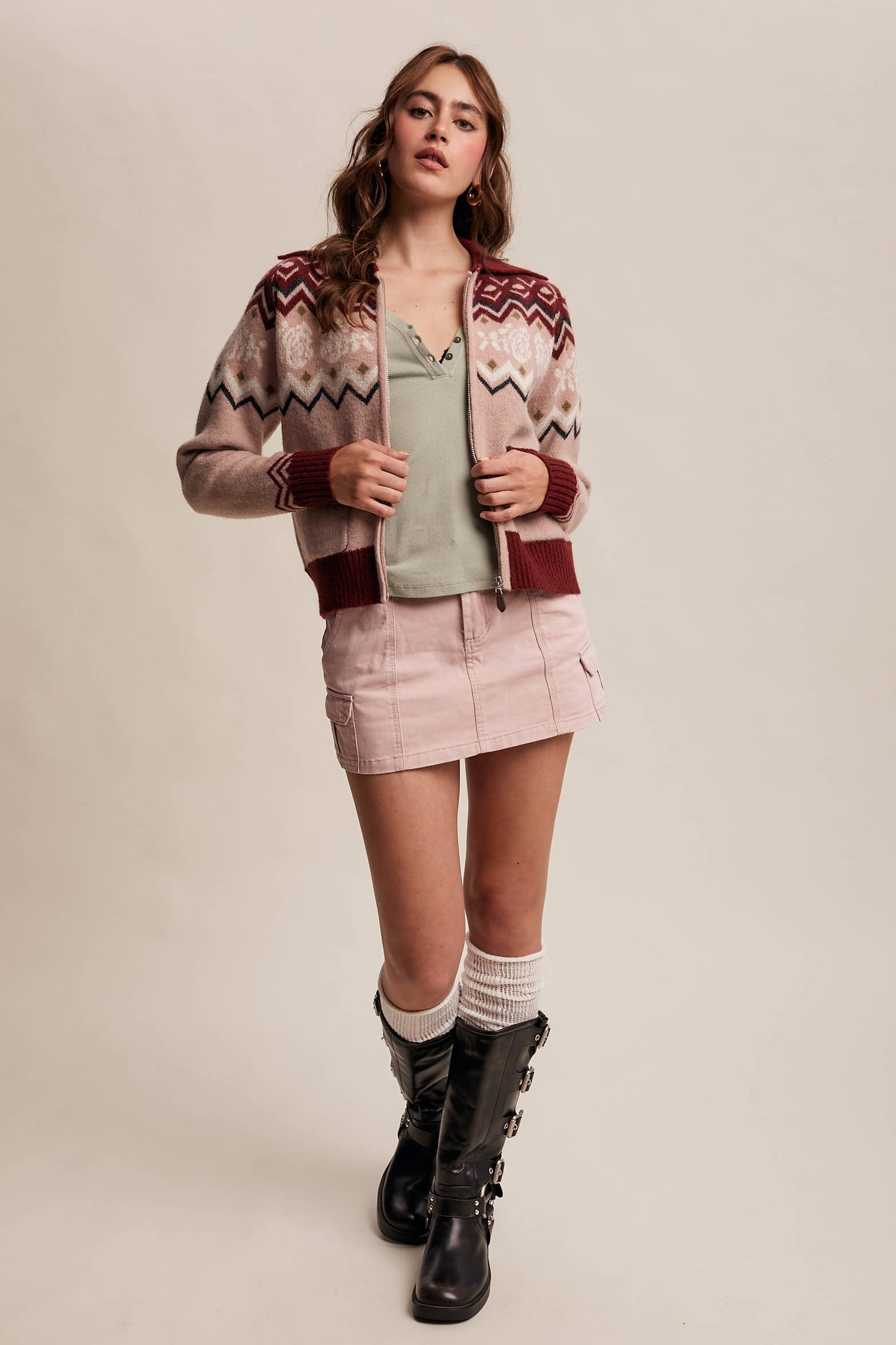 Retro Floral Knit Zip-Up Cardigan