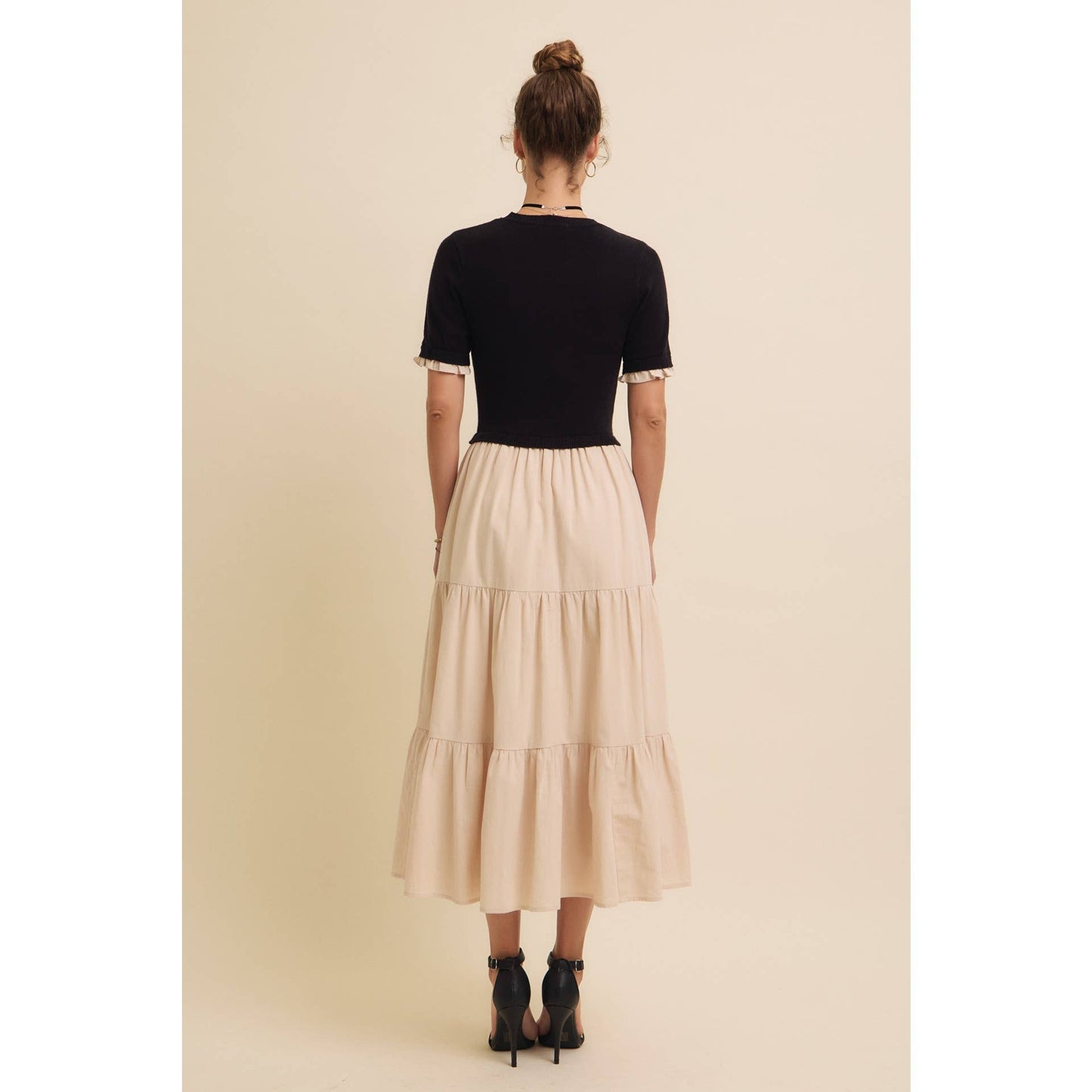 TIERED MIDI DRESS WITH SWEATER TOP AND WOVEN SKIRT