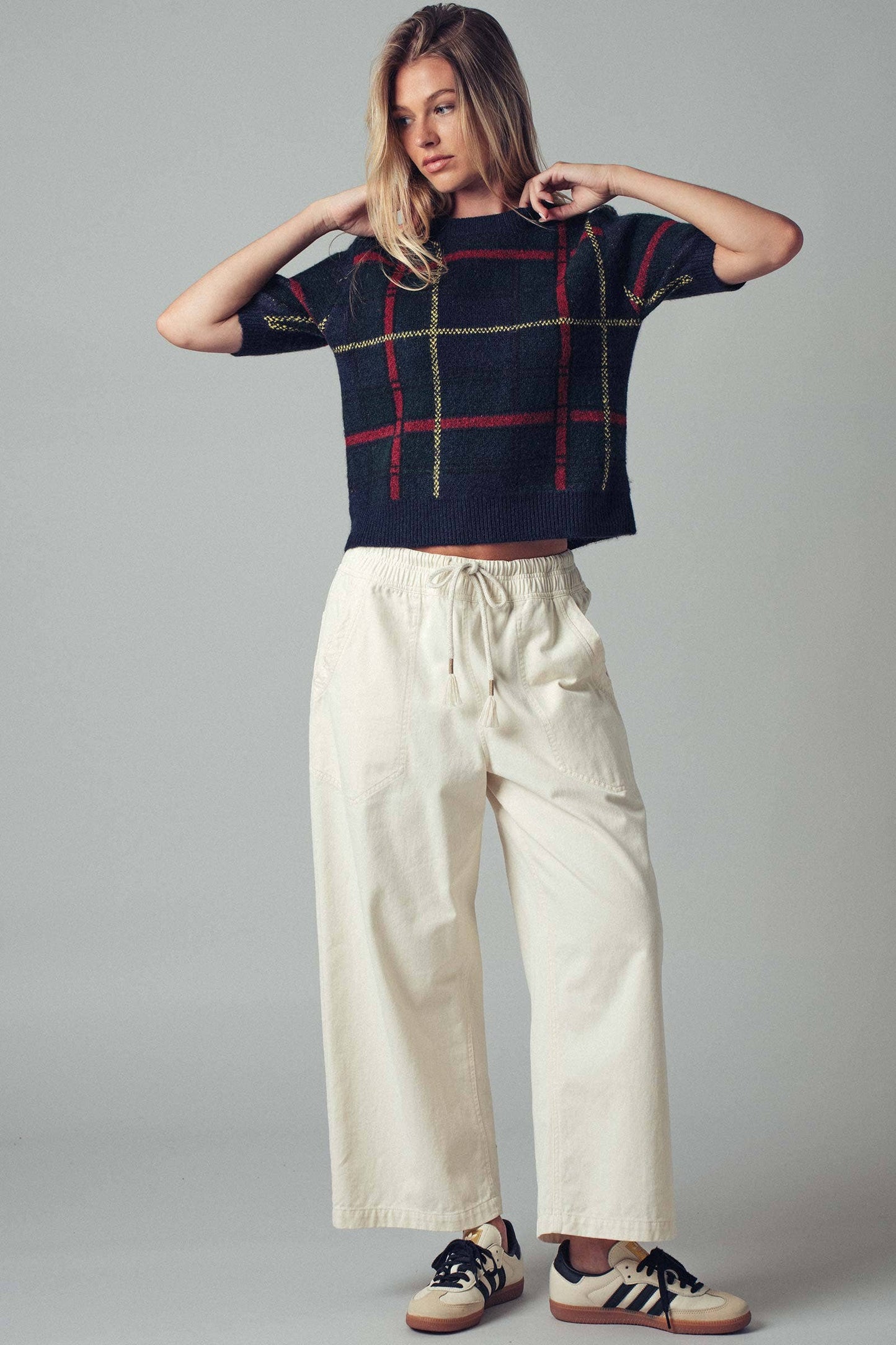 Plaid Short Sleeve Knit Sweater Top