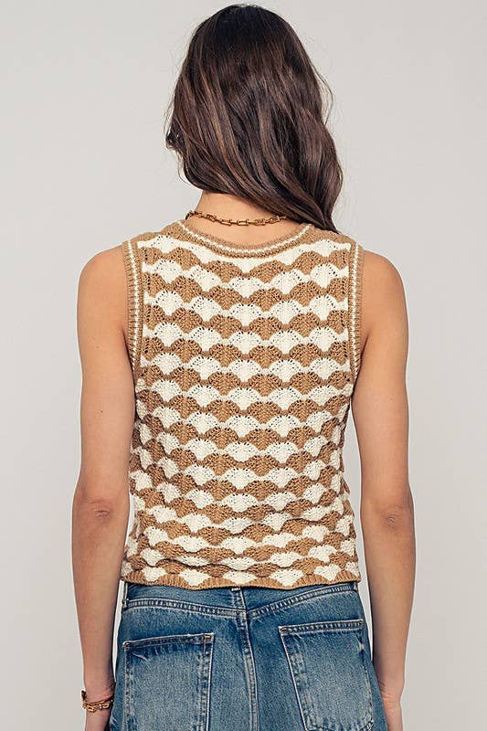 Scallop Crochet Contrast Trim Crewneck Tank Top