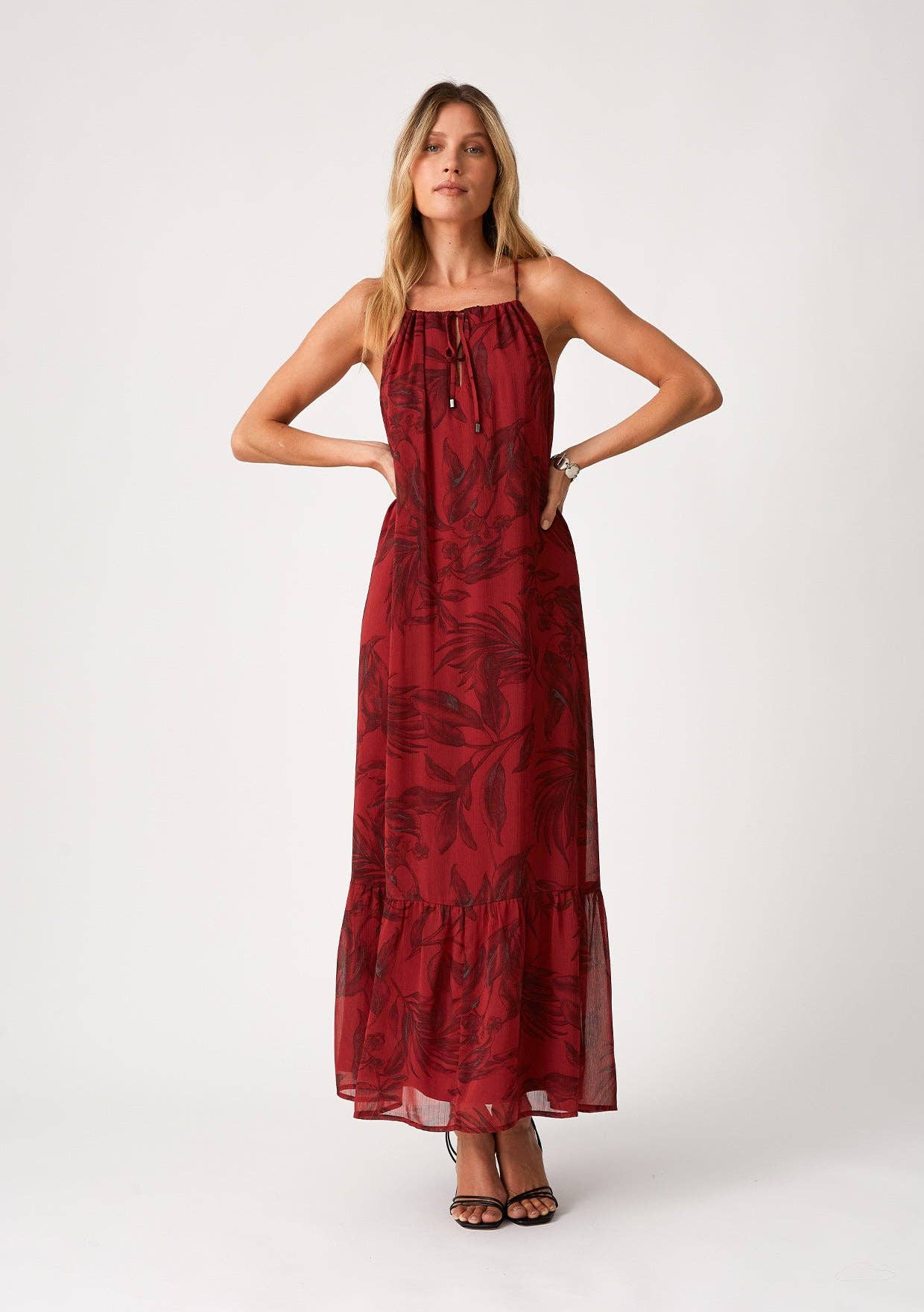 Flowy Floral Tie Front Halter Maxi Dress