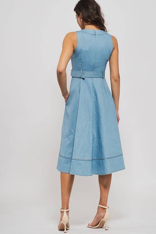 Fit and Flare Sleeveless Denim Midi Dress