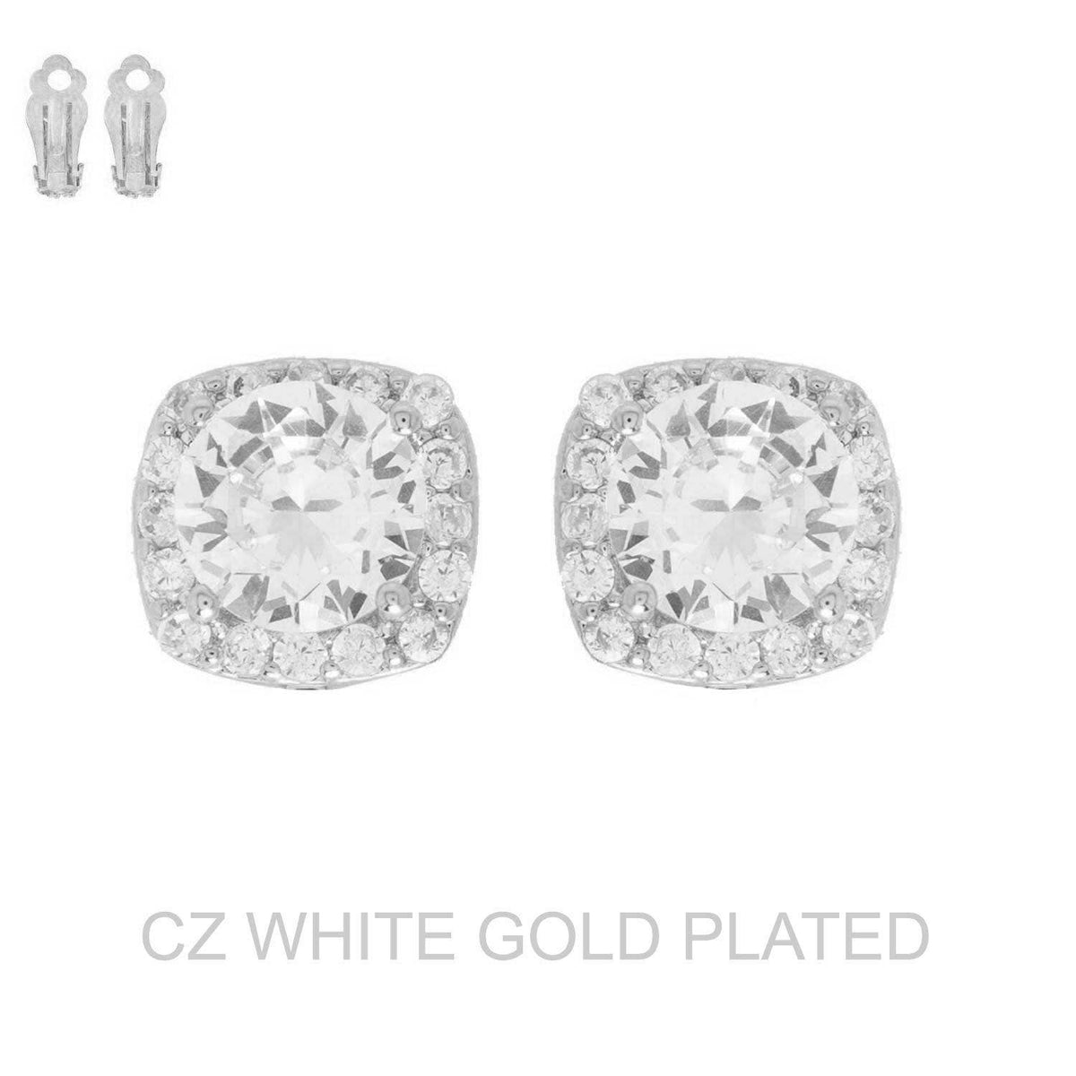 Gold Plated CZ Square Halo Clip-On Stud Earrings