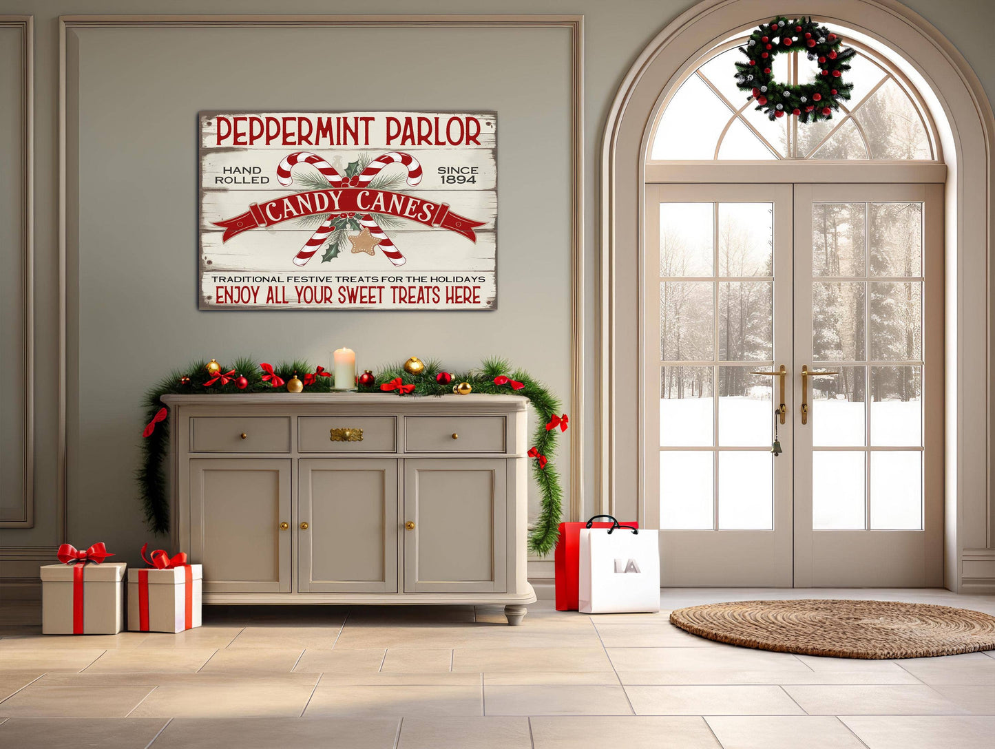Vintage Christmas Candy Cane Canvas & Faux Wood Sign