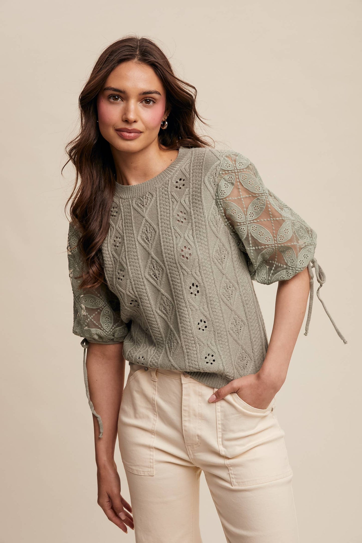 Eyelet Puff Sleeve Knit Sweater Top