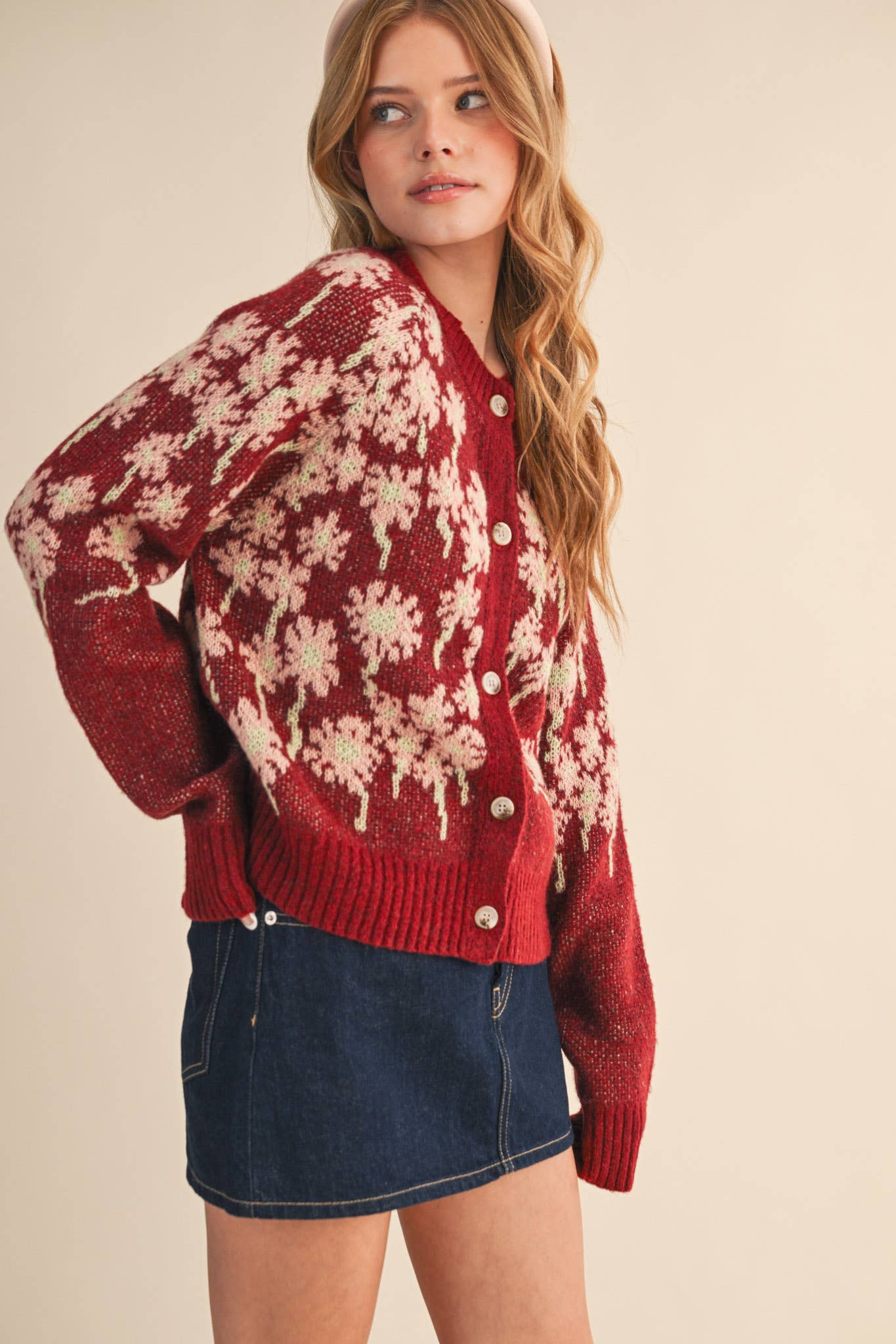 FLORAL KNIT BUTTON DOWN SWEATER CARDIGAN MSW11238