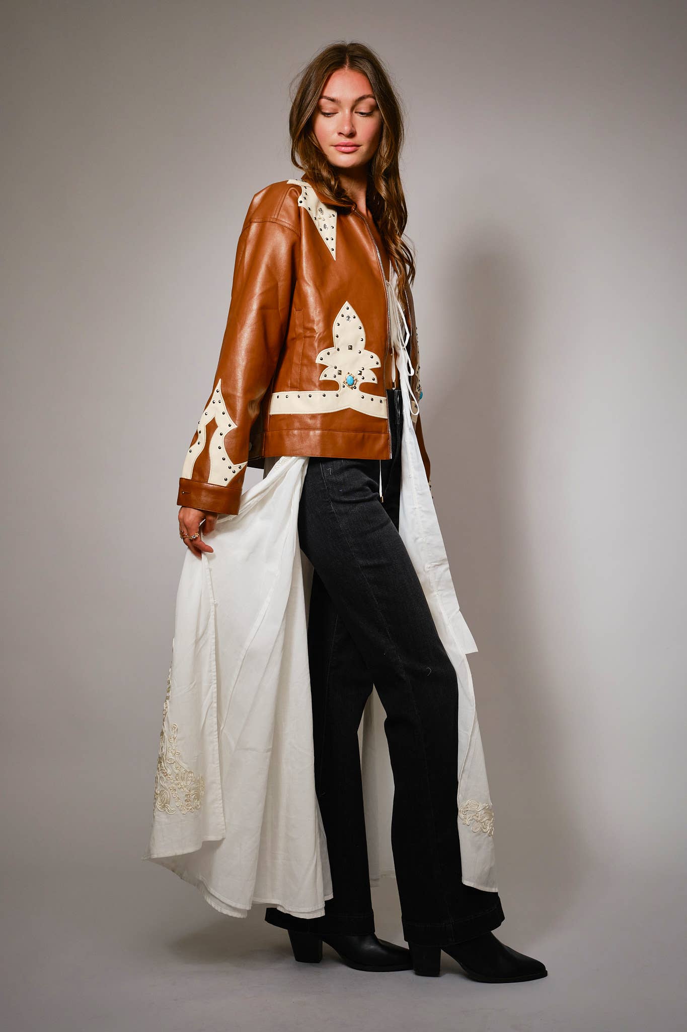 23526J - Faux Leather Studded Oversized Zip-Up Jacket