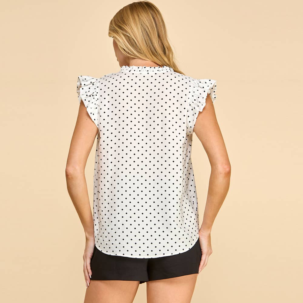 Polka Dot Ruffle Sleeve V-Neck Top