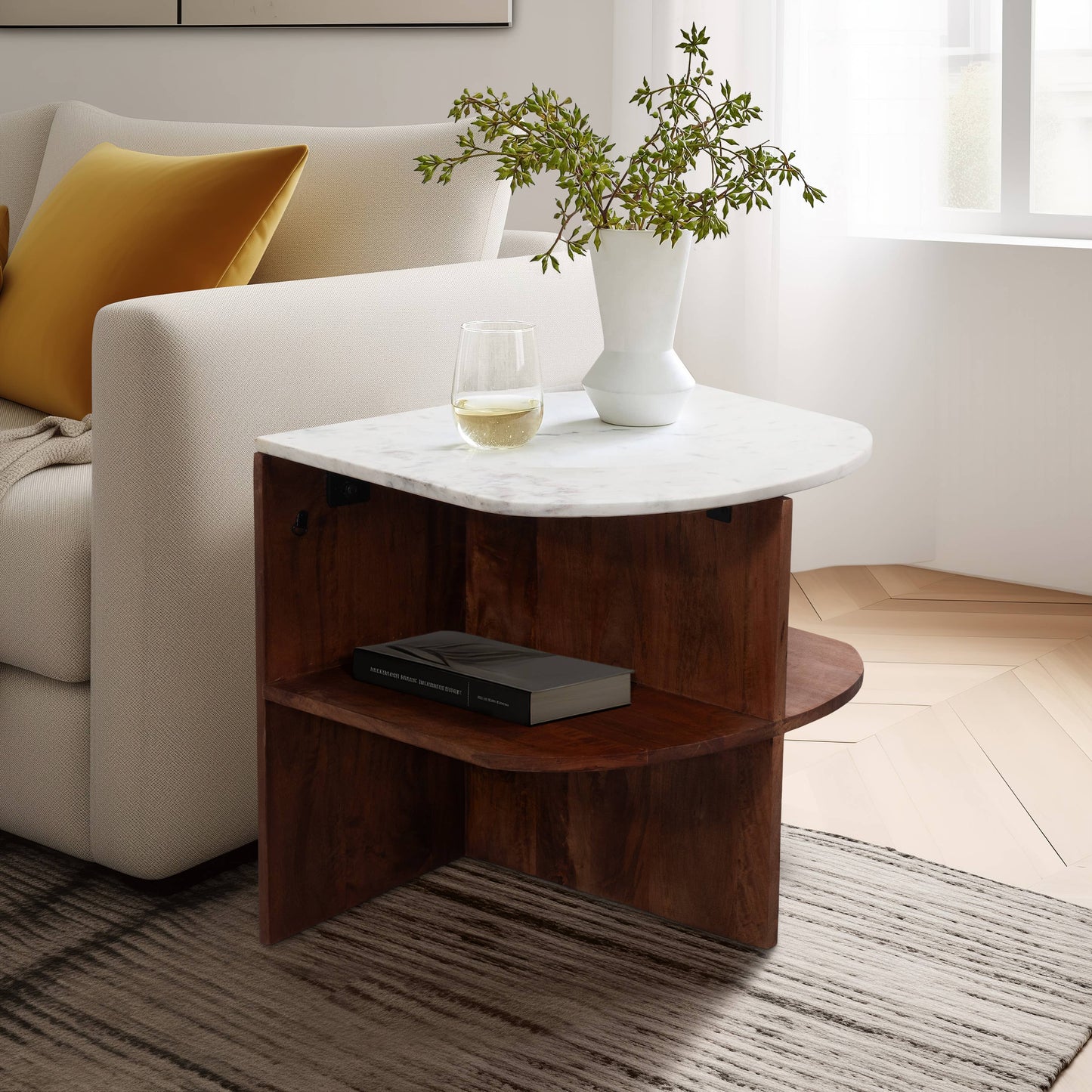 20" in Brown Mango Wood/Marble Half Round Side Table